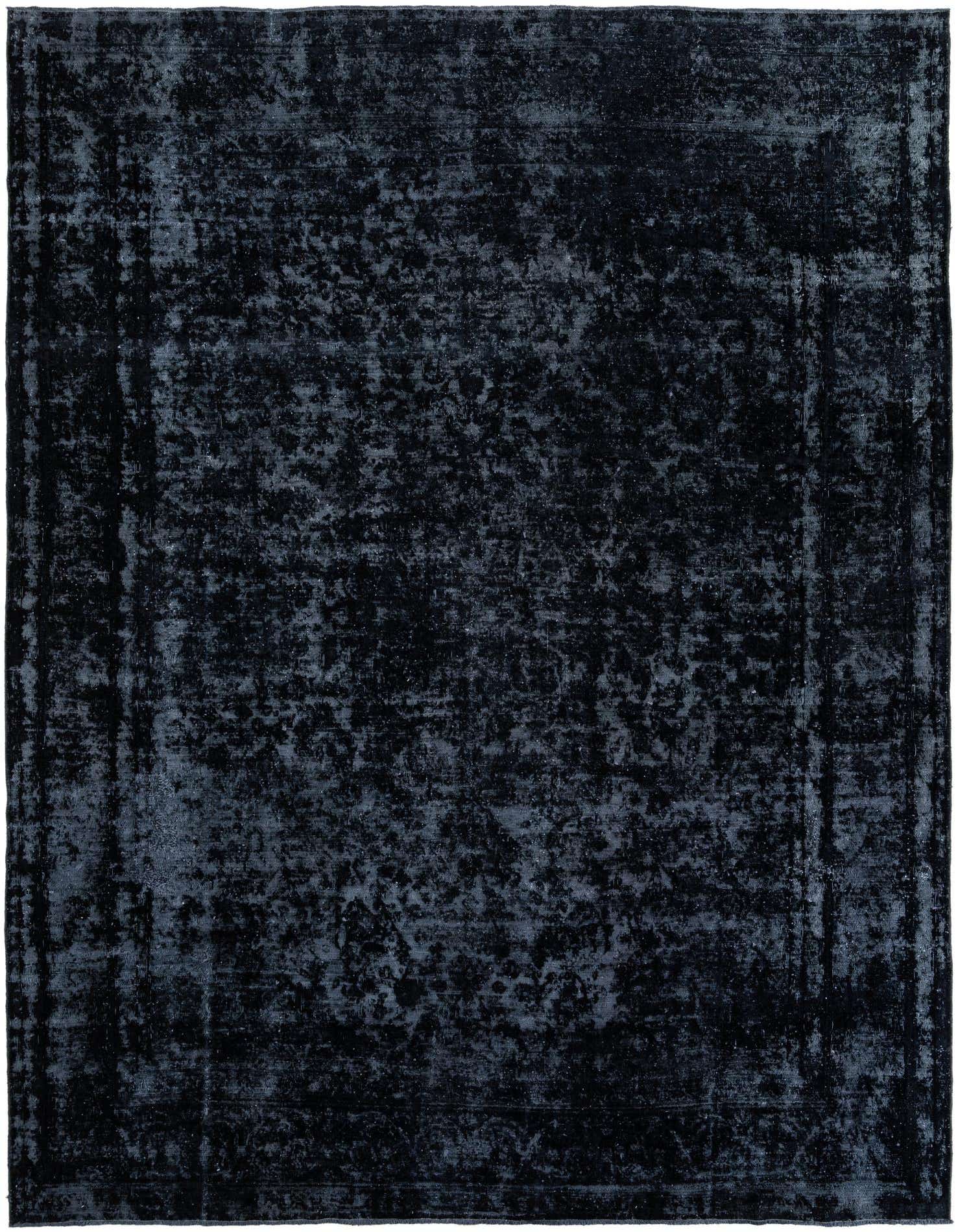A 10x13 rectangular black area rug with a distressed vintage Persian pattern, suitable for a living room.