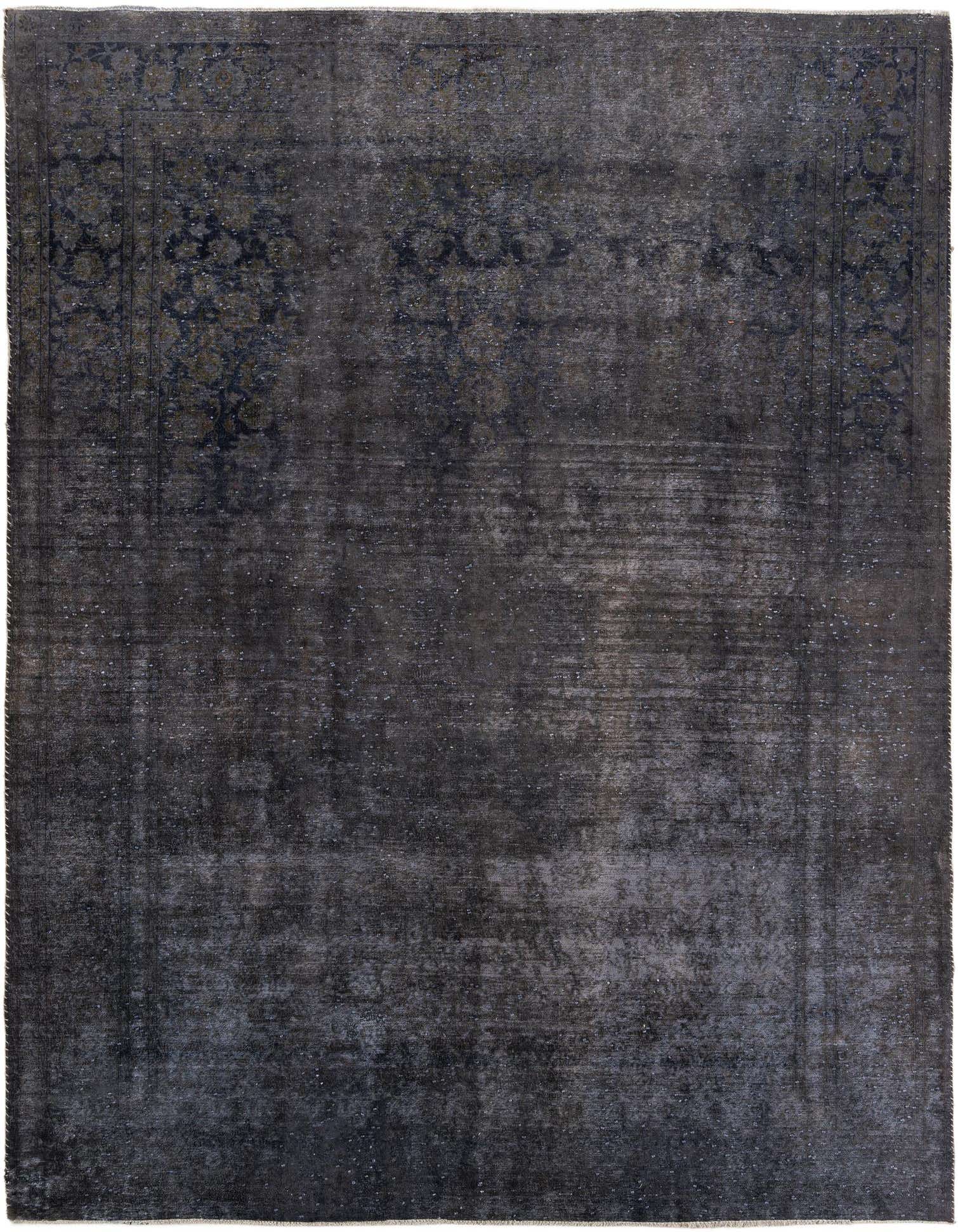 A 10x13 rectangular black wool rug with a faded Persian medallion and border pattern, suitable for a living room.
