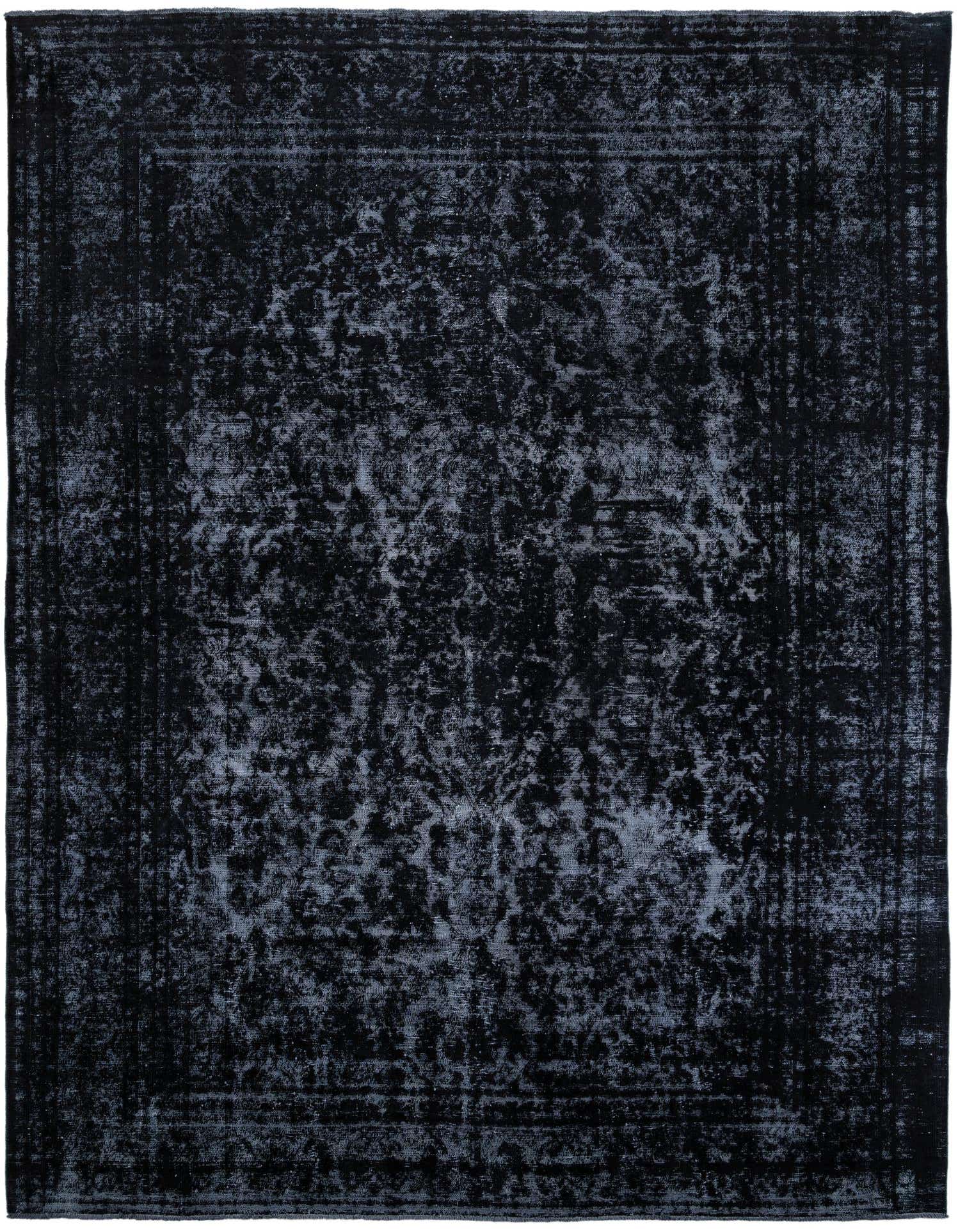 A 10x13 rectangular black wool rug with a distressed Persian medallion pattern and a subtle border.