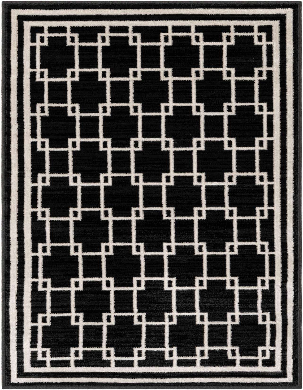 A 2x3 rectangular black rug with a modern white geometric interlocking square pattern and a triple-line border.