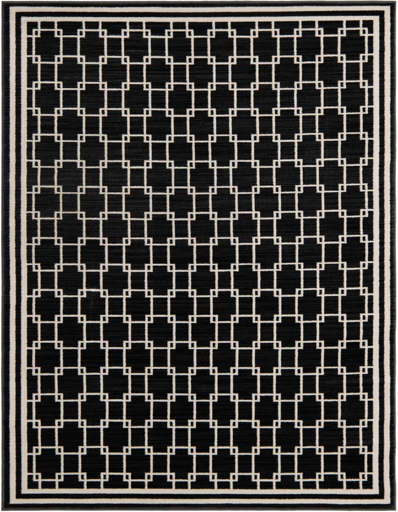 A 4x6 rectangular black modern rug with a repeating white geometric square pattern and a striped border.