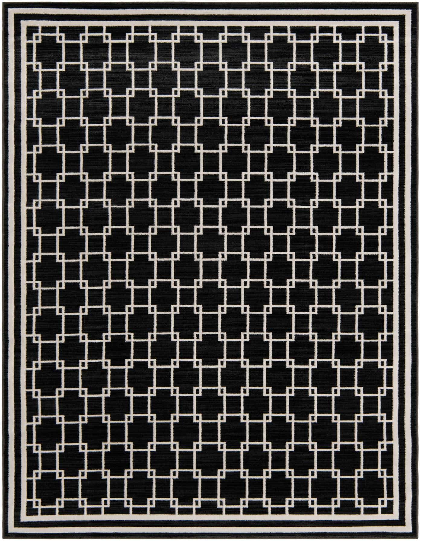 A 5x7 rectangular black modern rug with a white geometric trellis pattern and a striped border.