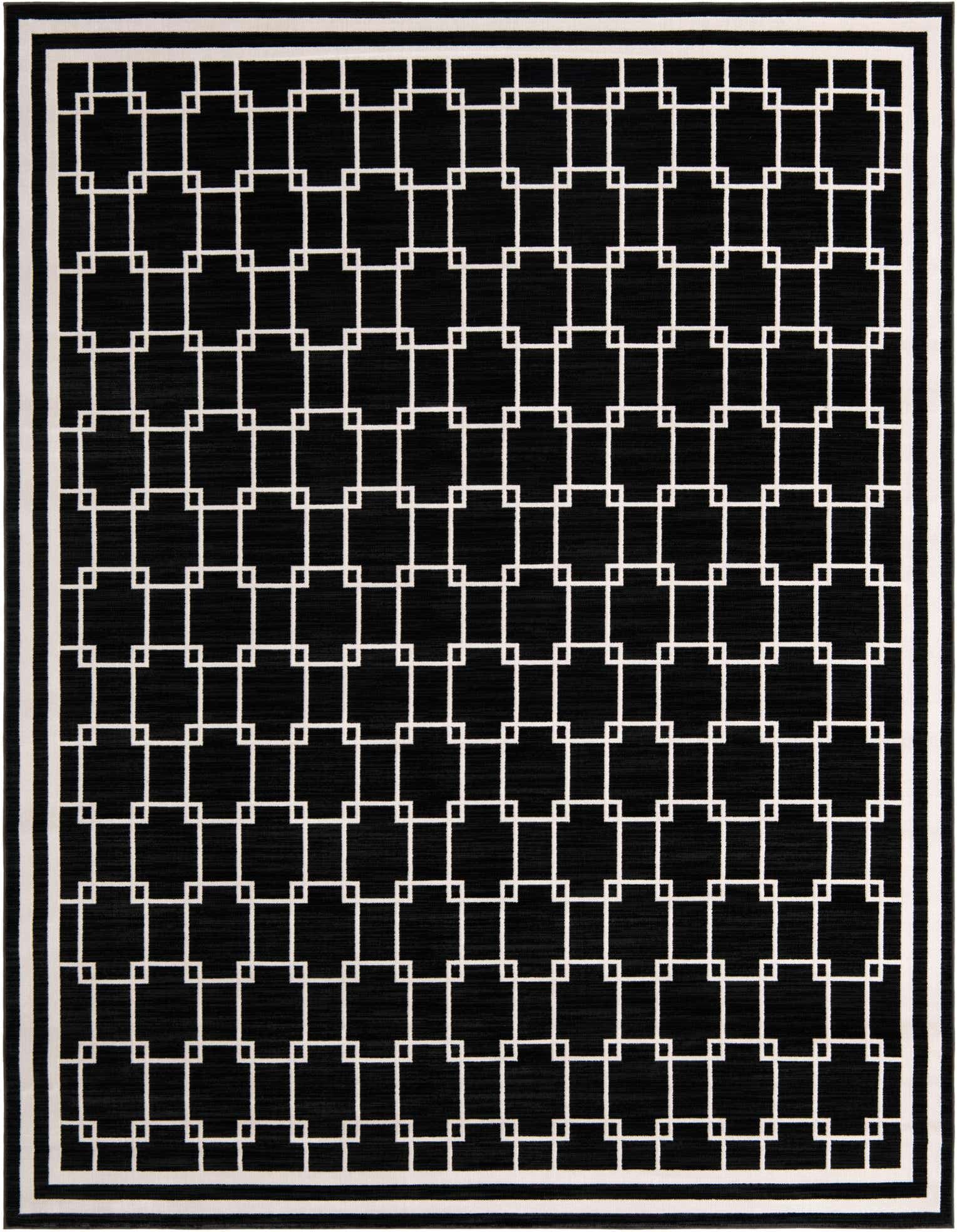 A rectangular 8x10 black modern rug with a white geometric square pattern and a striped border.
