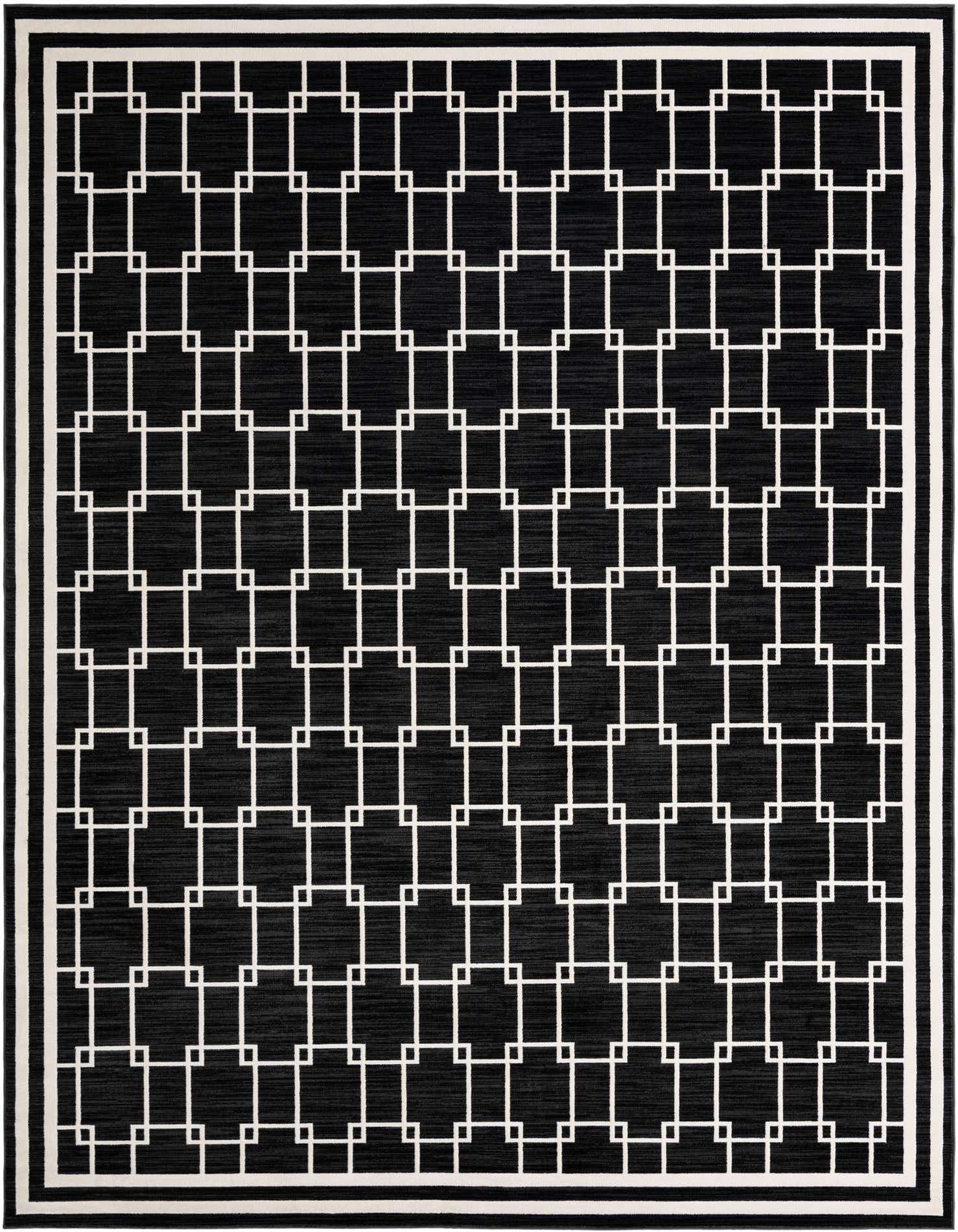 A 9x12 rectangular black modern rug with a white geometric interlocking grid pattern and a striped border.