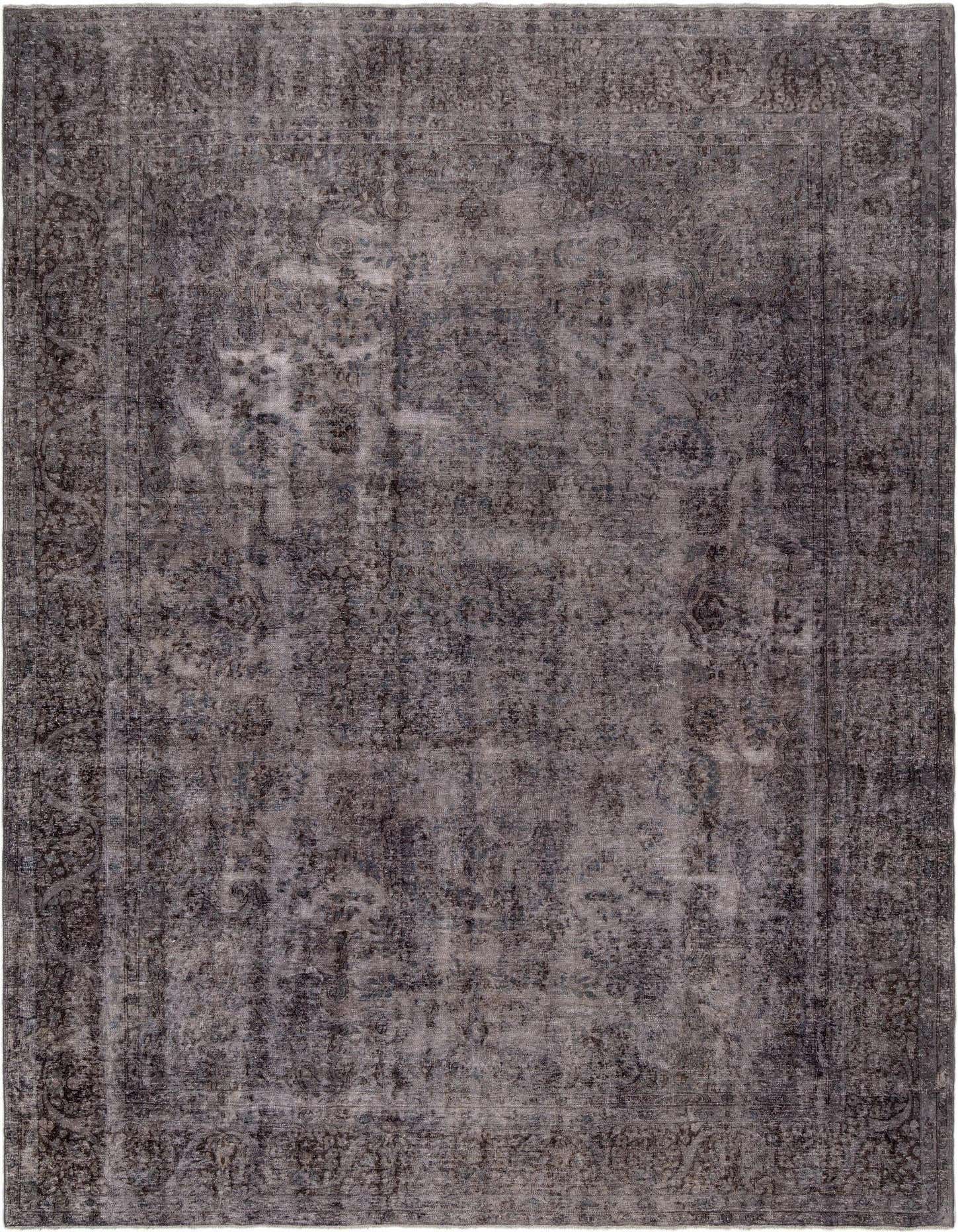 A 9x12 rectangular black Persian wool rug with a distressed vintage pattern, ideal for a living room.