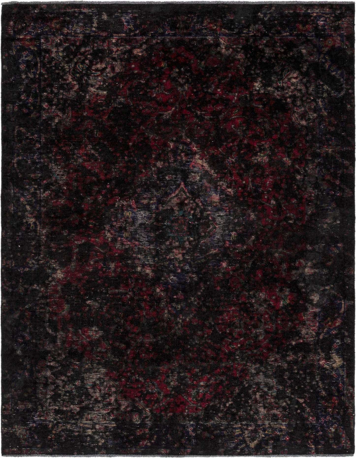A 4x6 rectangular black Persian rug with a distressed, faded red and blue traditional pattern, suitable for an indoor living space.