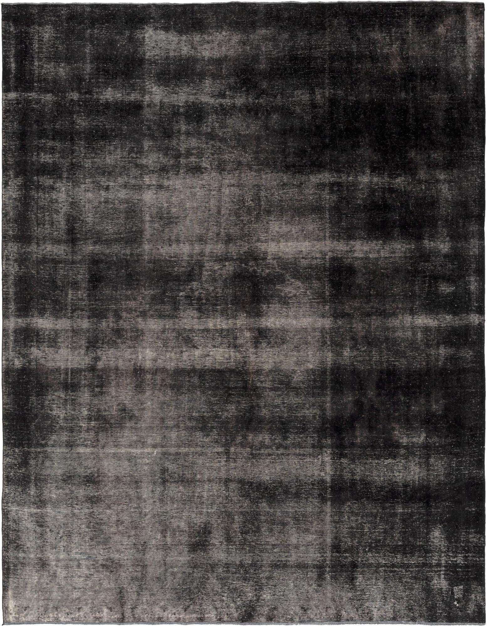 An 8x10 rectangular black Persian-style wool rug with a distressed, vintage look, suitable for a living room.