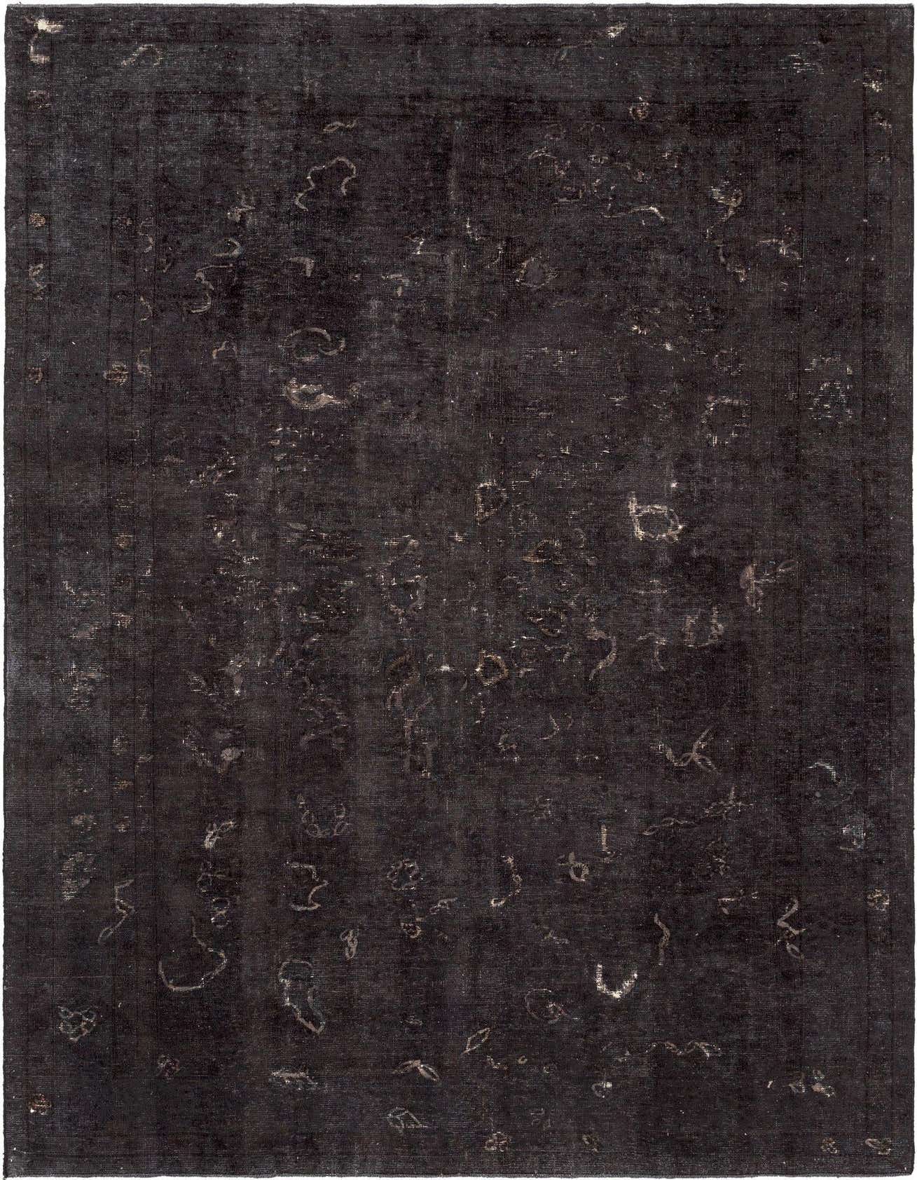 A 6x9 rectangular black Persian wool rug with a distressed vintage pattern, ideal for a living room.