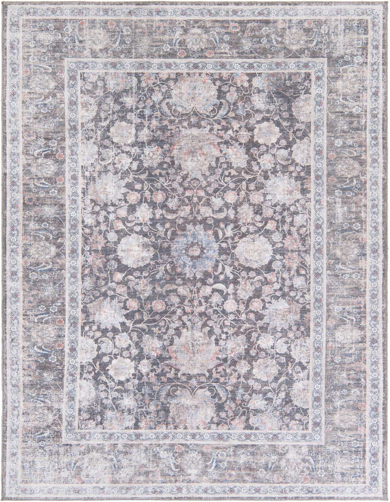 A 5x8 rectangular black floral rug with distressed botanical patterns in light gray, blue, and pink, featuring an ornate border.