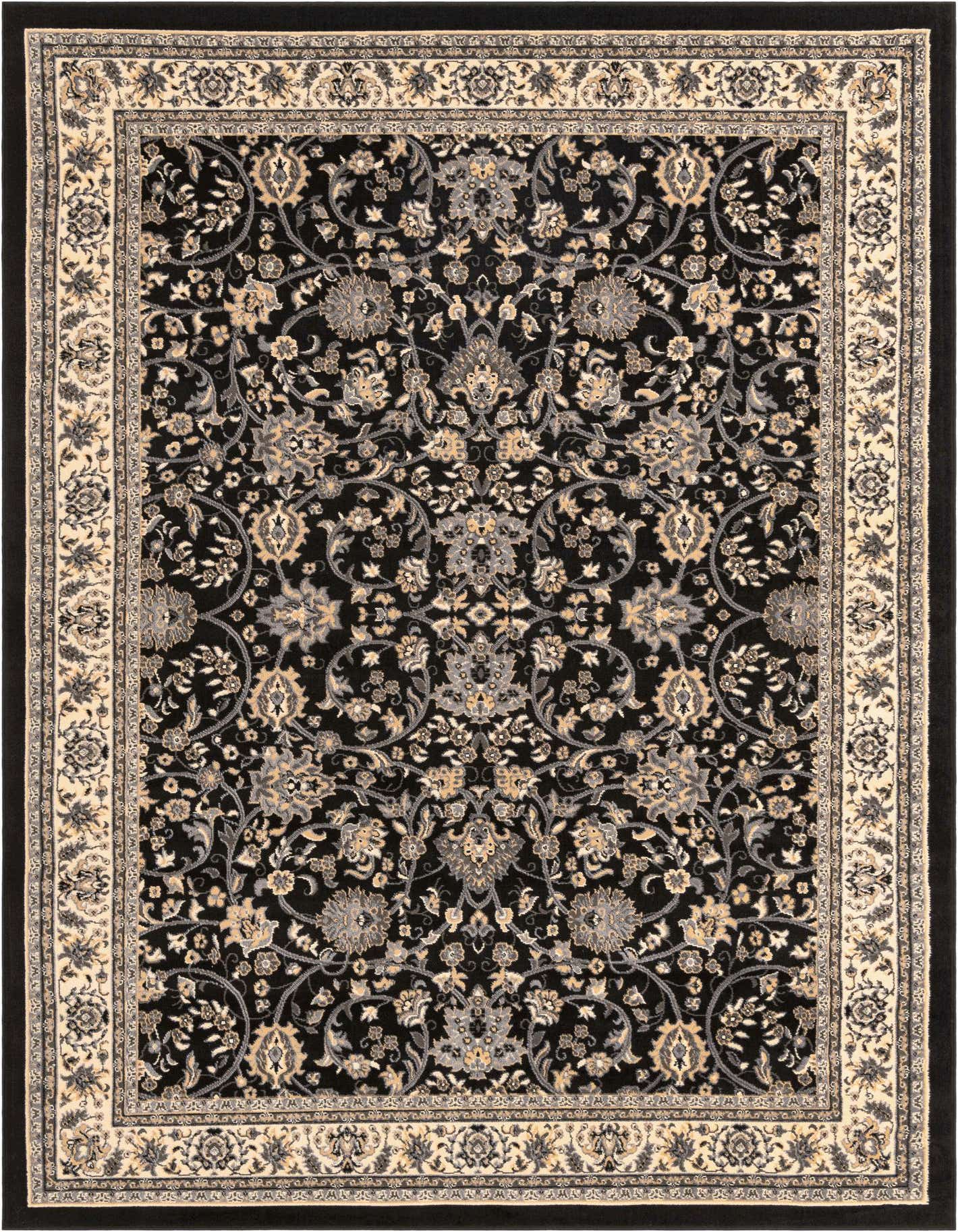 A rectangular 8x11 black area rug with an intricate traditional floral pattern in gray and beige, featuring a detailed border.