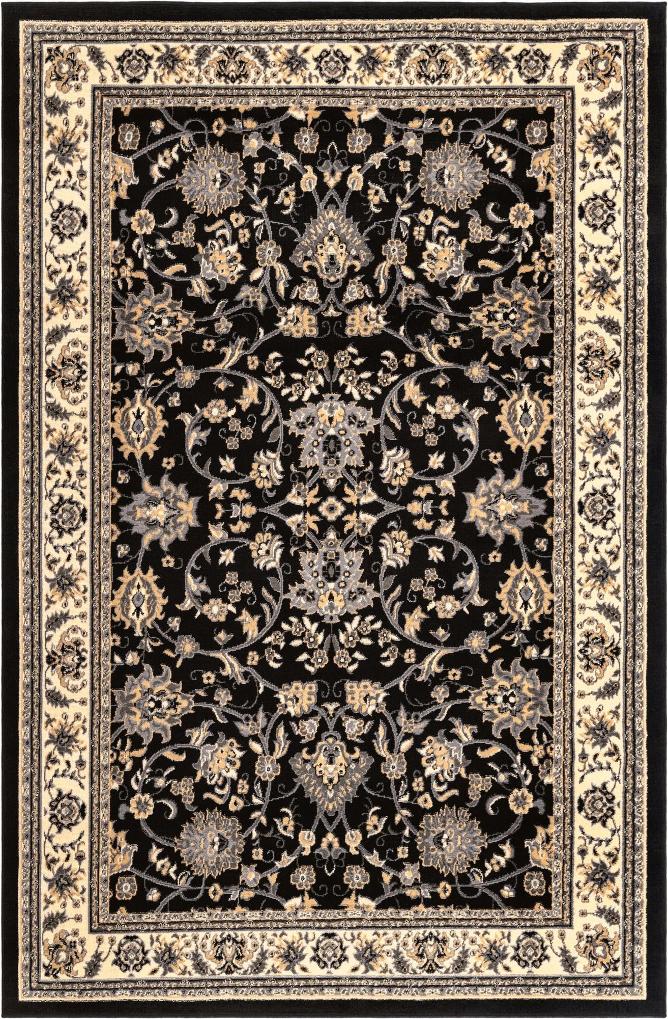 A 6x9 rectangular Yasmin rug featuring a traditional Oriental floral pattern in black, cream, and gray tones.