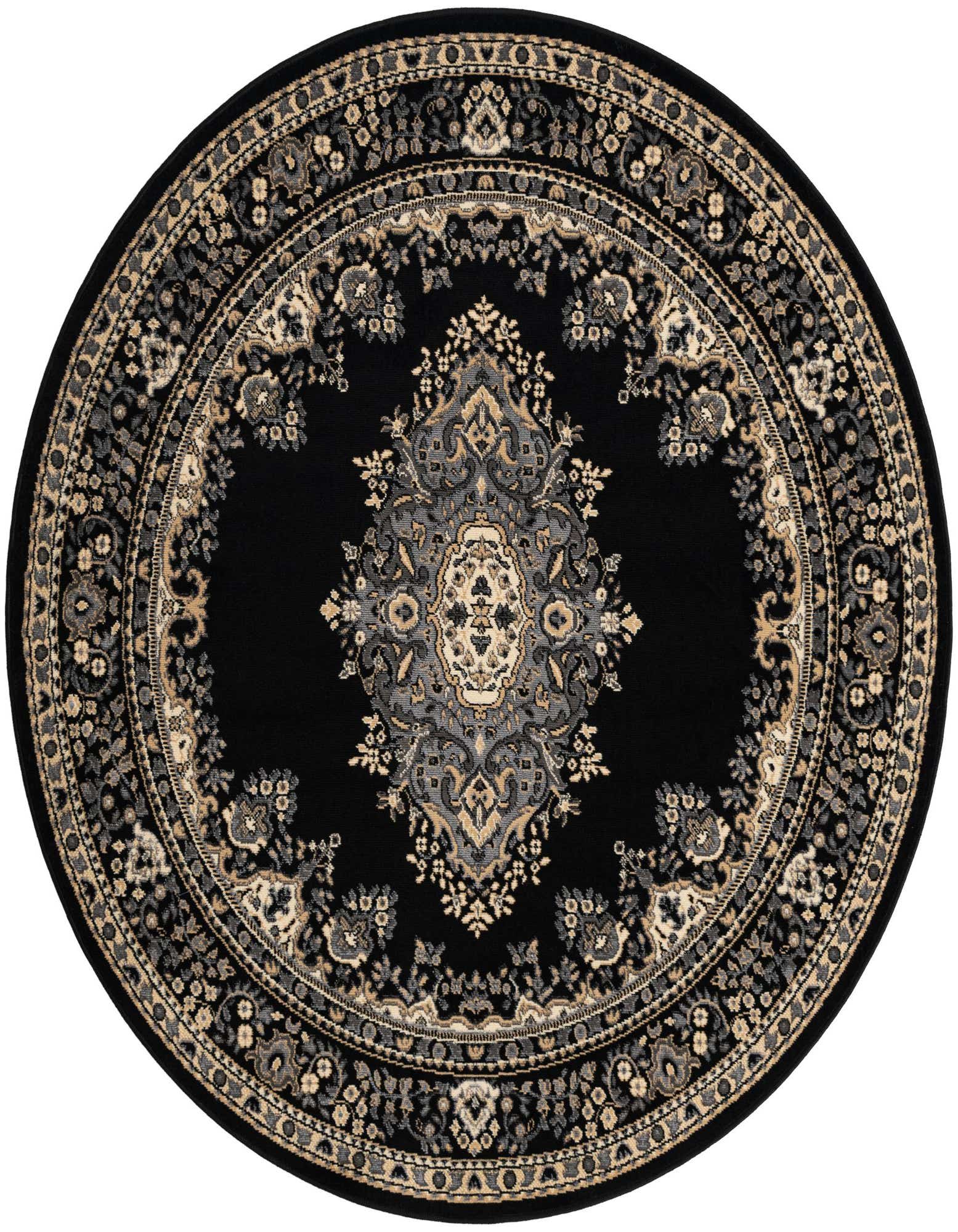 A 6' 0 x 6' 0 round black rug with a traditional medallion pattern in gray and beige tones.