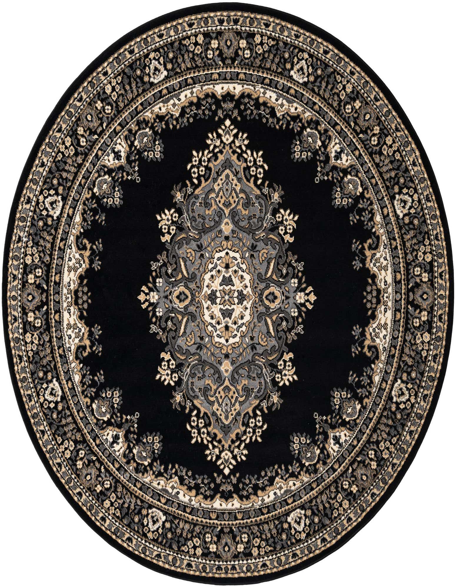A round black rug with an ornate traditional medallion pattern in shades of grey, beige, and cream.