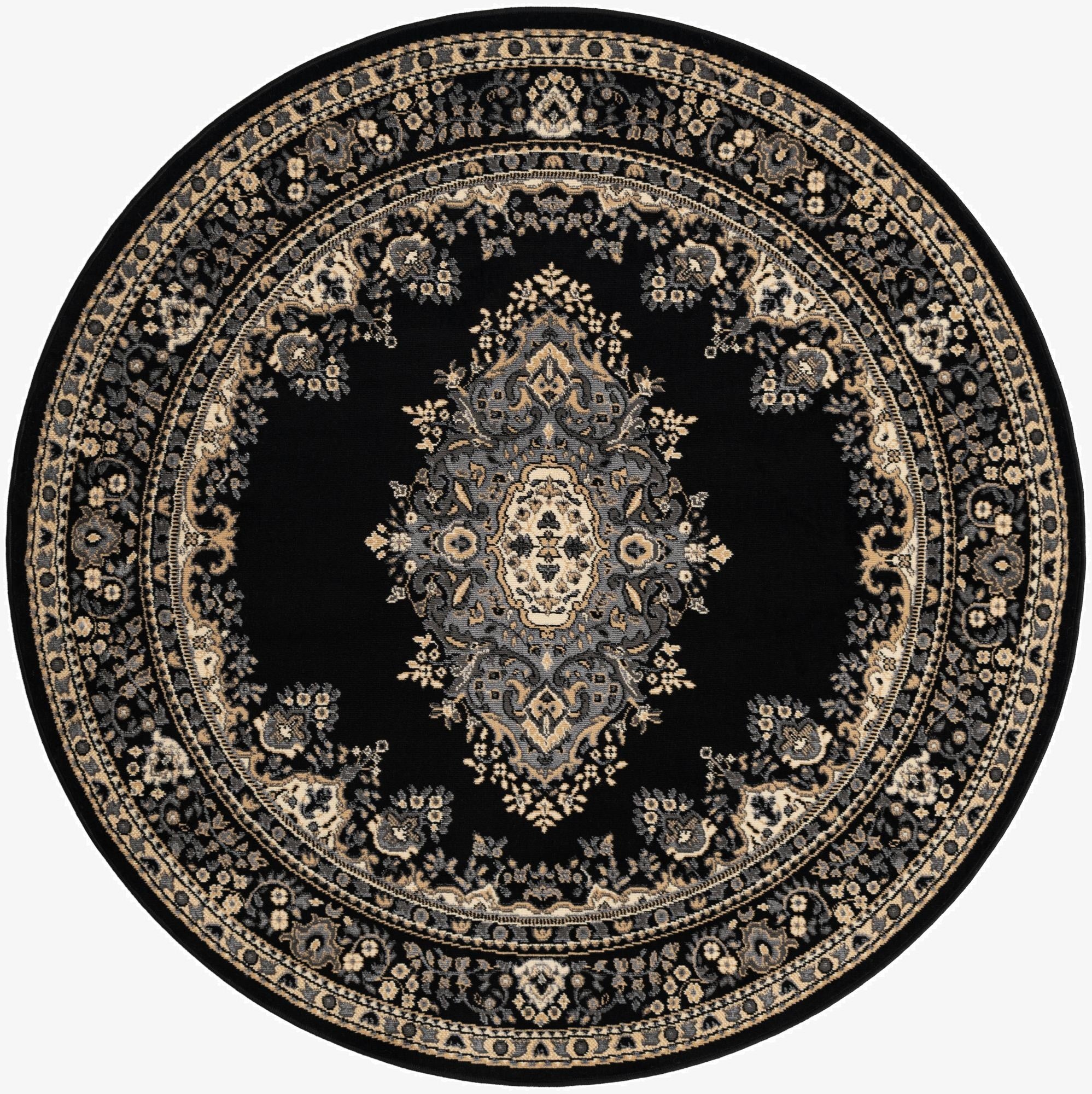 A 6' 0 x 6' 0 round black rug with a traditional medallion pattern in gray and beige tones.