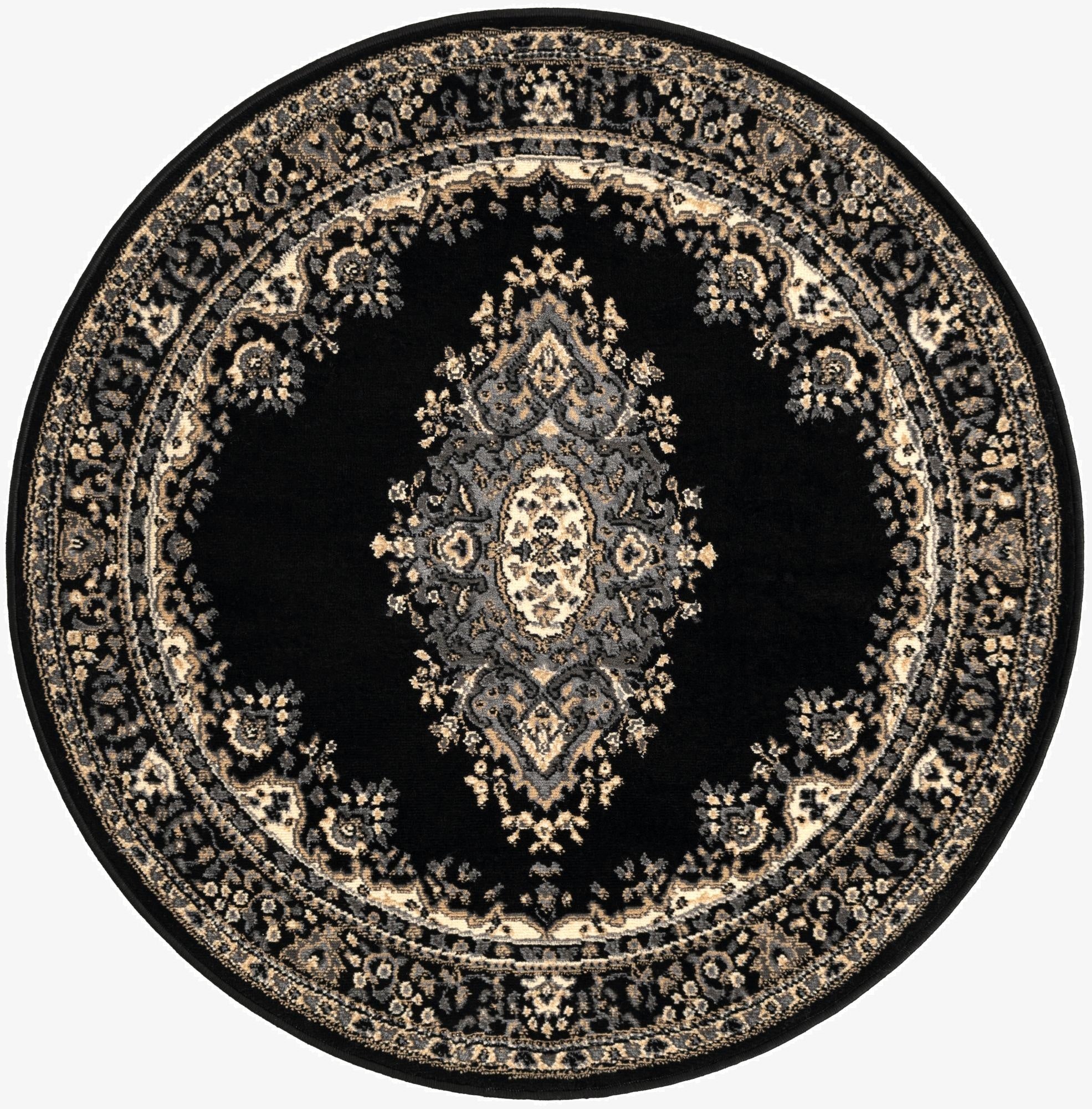 A 4' 0 x 4' 0 round black rug with an ornate traditional pattern in gray and beige tones.