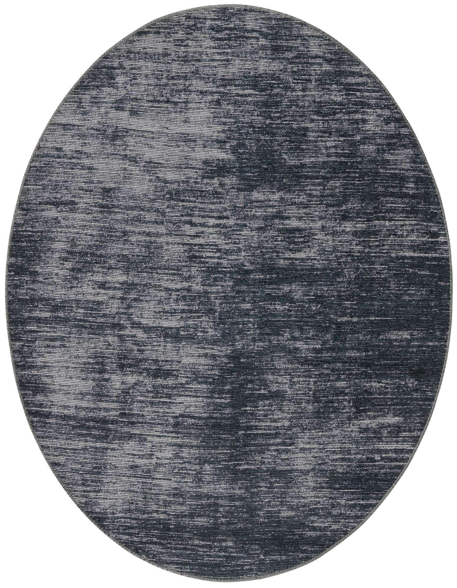 A round 5' 0 x 5' 0 black chenille rug with a modern textured stripe pattern, suitable for indoor spaces.