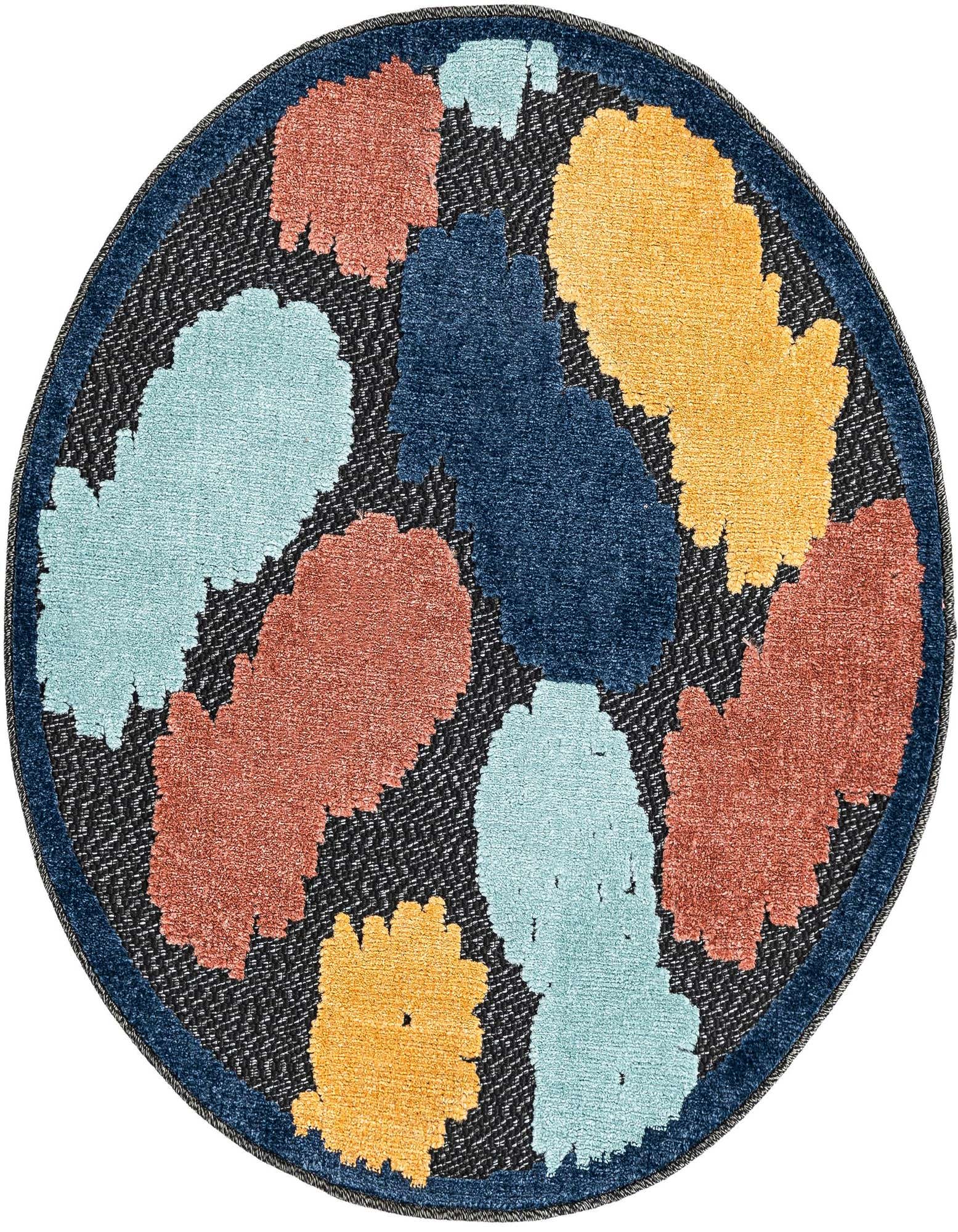 A 3' 3 round black rug with an abstract, modern pattern of colorful shapes in blue, orange, and yellow.