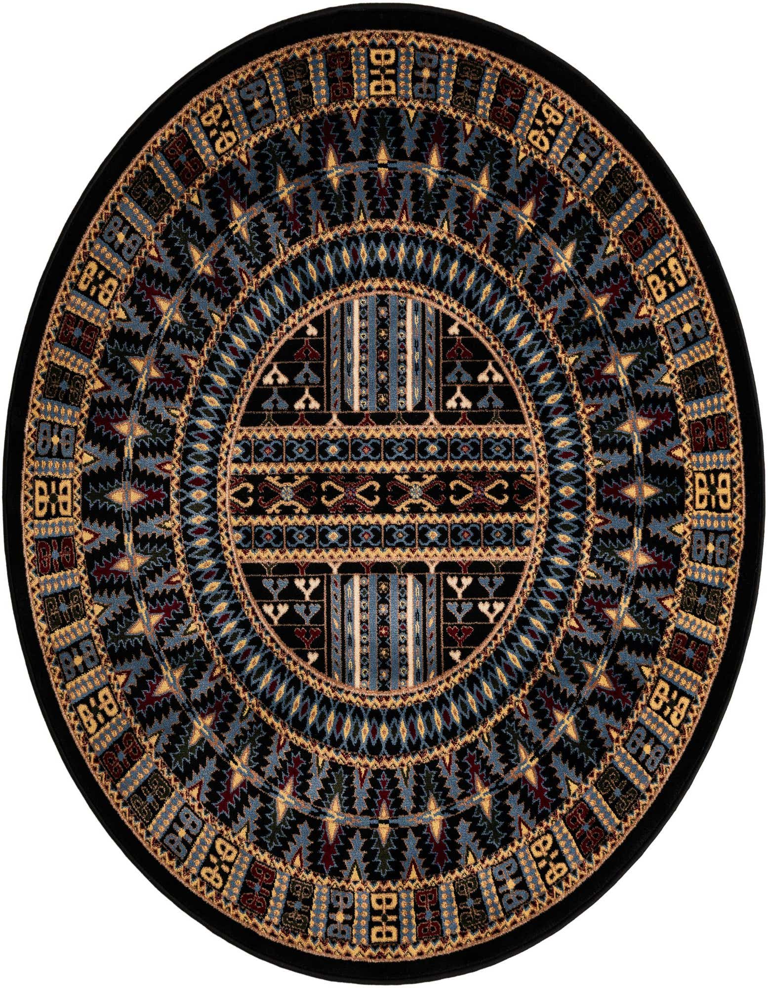 A 5' 3 round black rug with an intricate, multi-colored medallion pattern in blue, gold, and red tones.