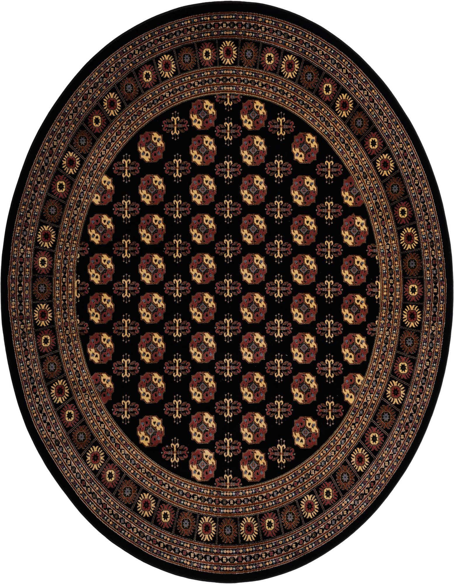 A round black Bokhara rug with intricate red, gold, and cream traditional patterns and a decorative border.