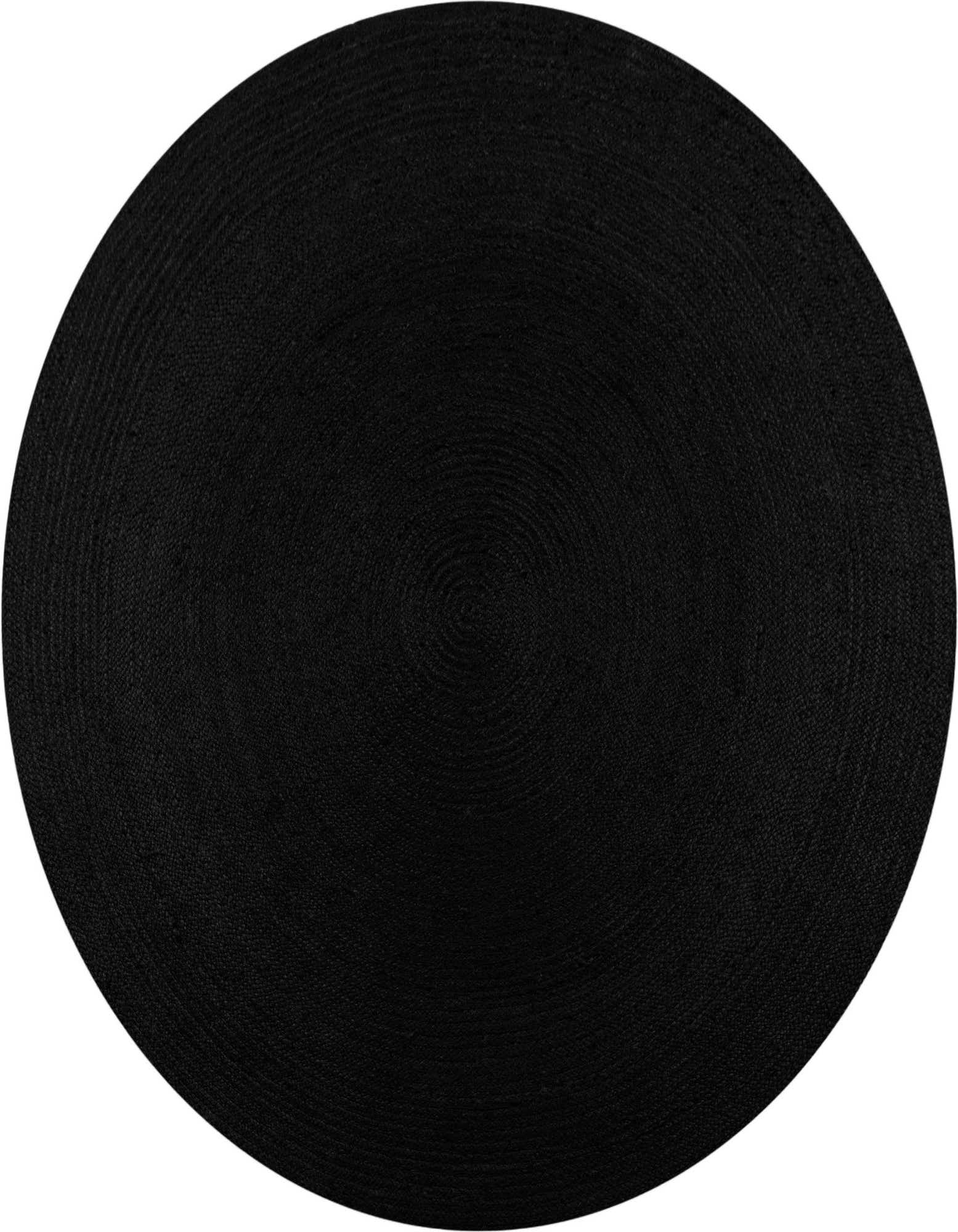A large 10-foot round black braided jute rug with a textured, flatweave surface, suitable for various indoor spaces.