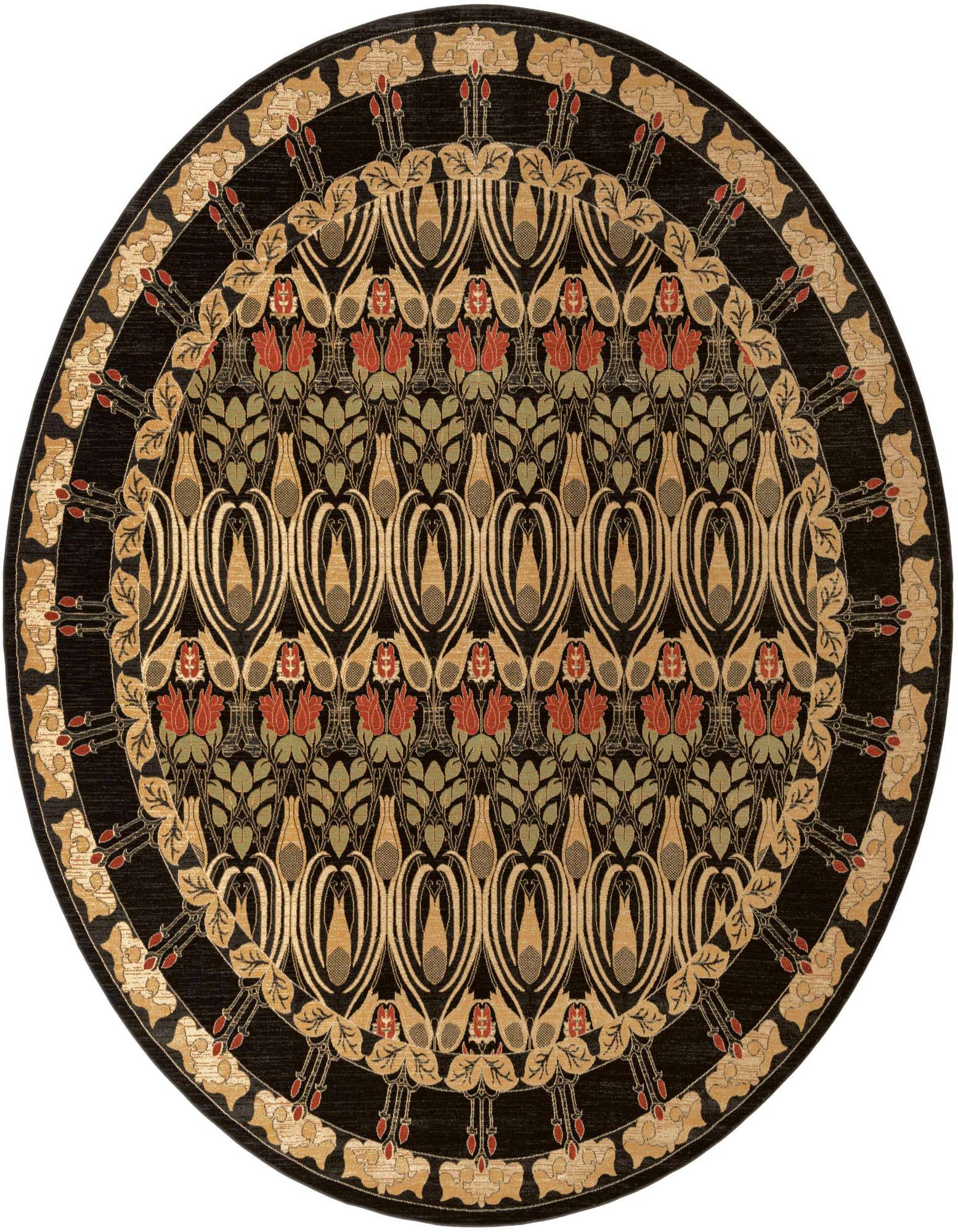 A 13' 1 round black rug with an abstract modern pattern featuring gold, red, and green floral motifs.