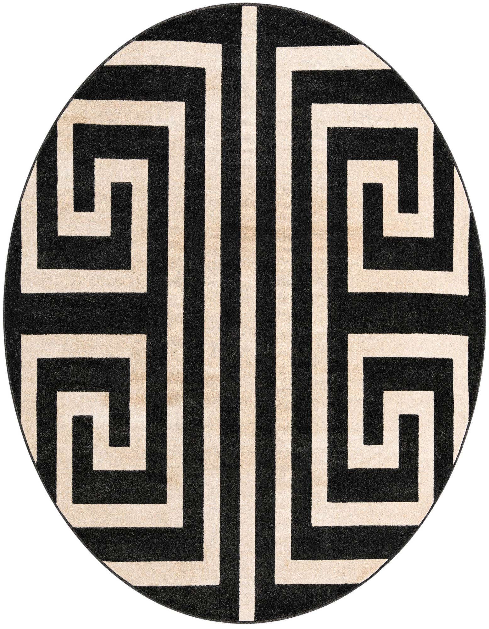 A round black and cream rug with a bold, interlocking geometric Greek key pattern, suitable for a modern living space.