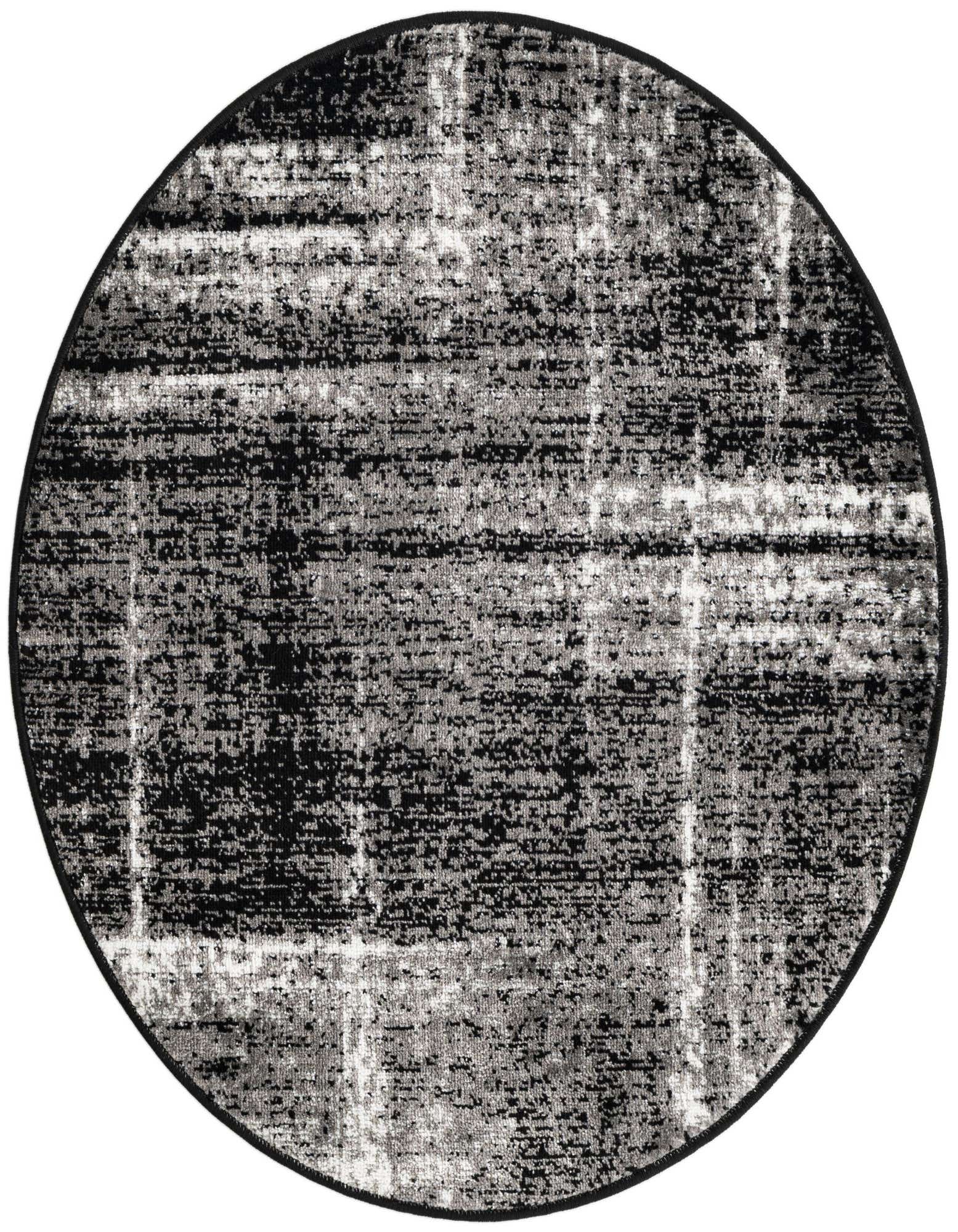 A 3' round black and gray area rug with an abstract, distressed pattern, suitable for a patio or indoor space.