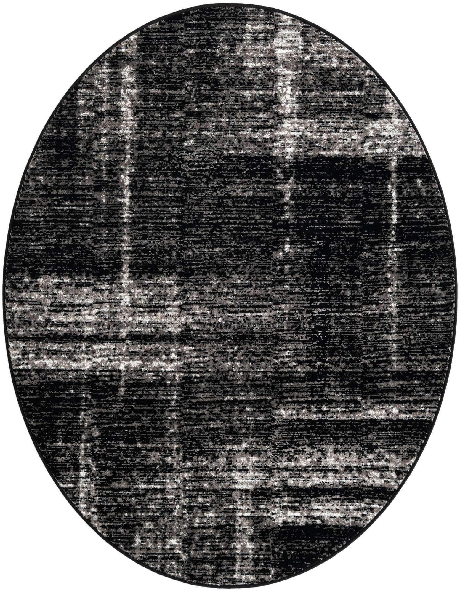 A 5' 3 x 5' 3 round black and grey abstract rug with a distressed pattern, suitable for a patio.
