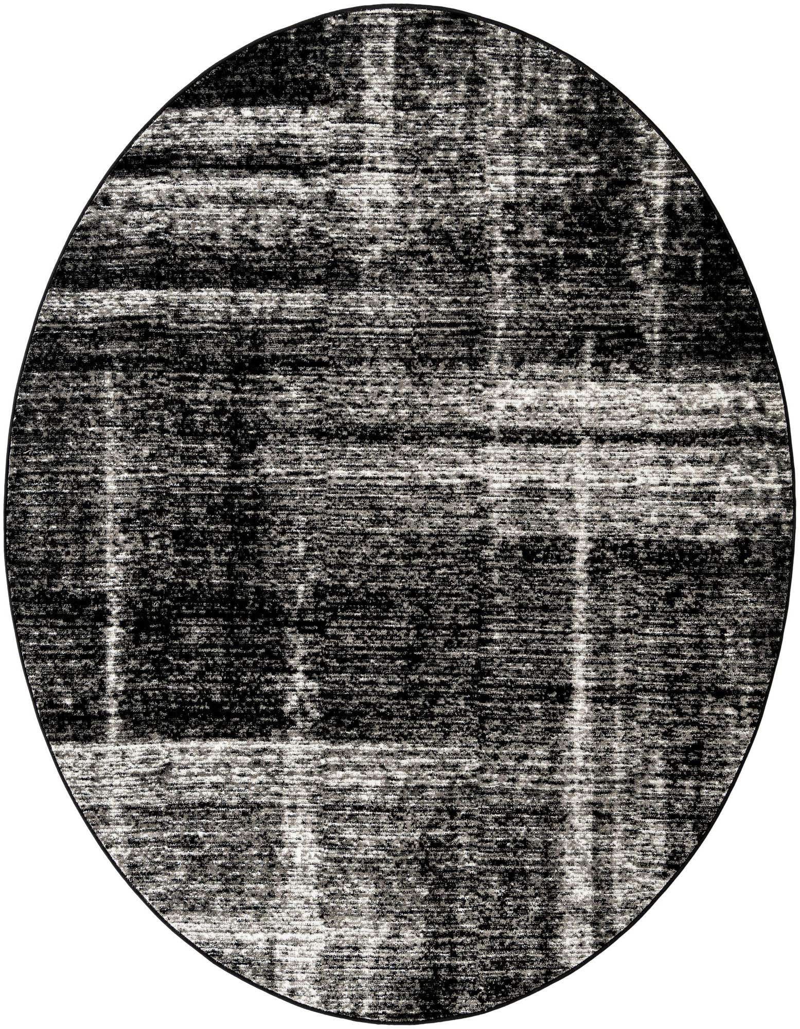 A 7' 10 x 7' 10 round black and white polypropylene rug with a distressed, abstract pattern.