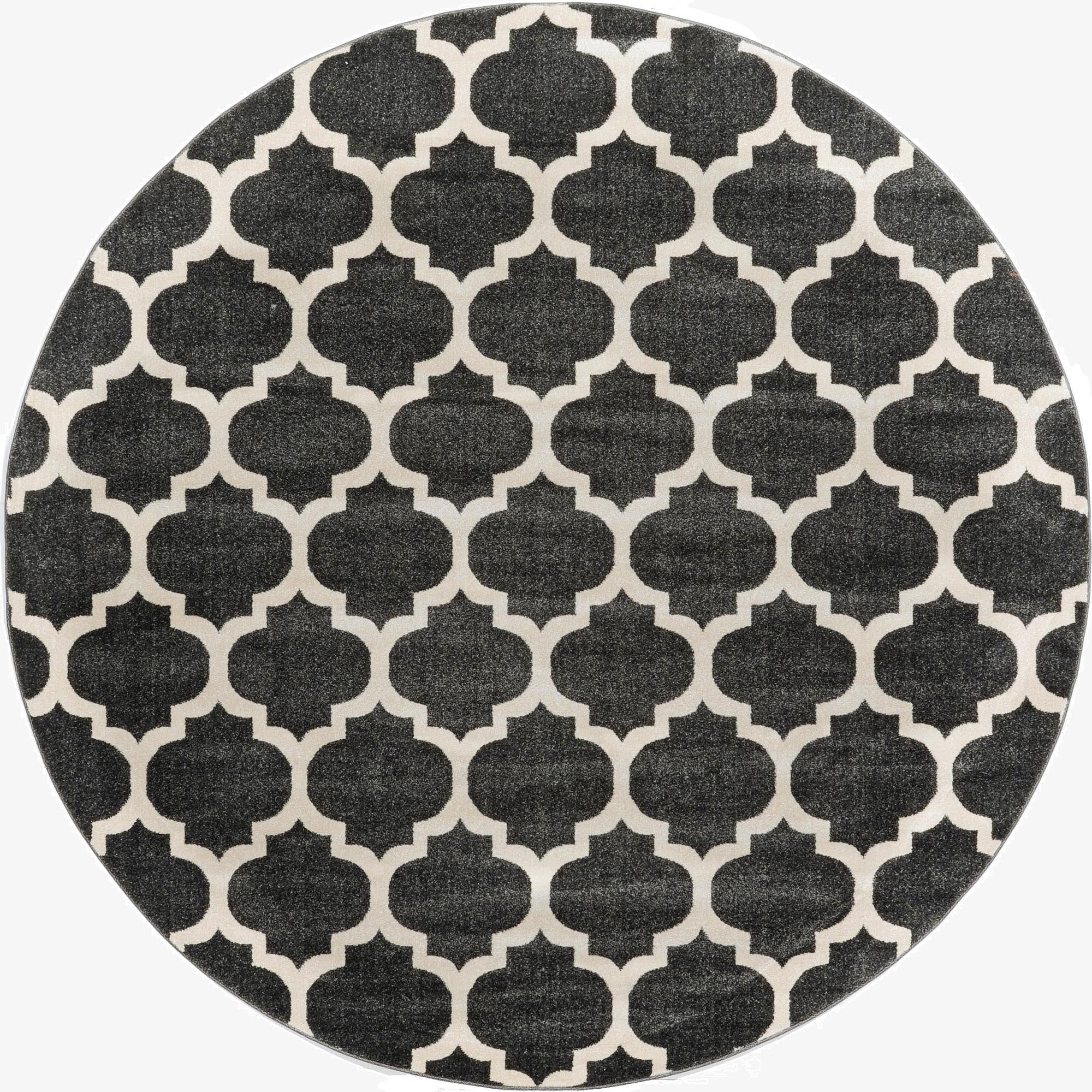 A 7' 10 x 7' 10 round black and white trellis rug with a modern geometric pattern.