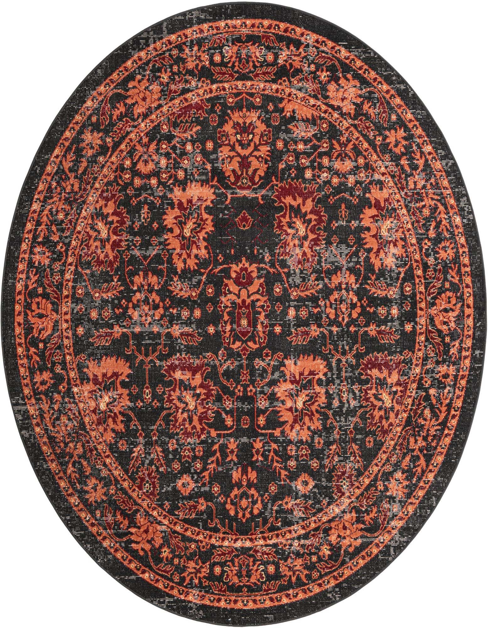 A round 7' 10 x 7' 10 black rug with a distressed traditional pattern in shades of orange and red, featuring a detailed border.