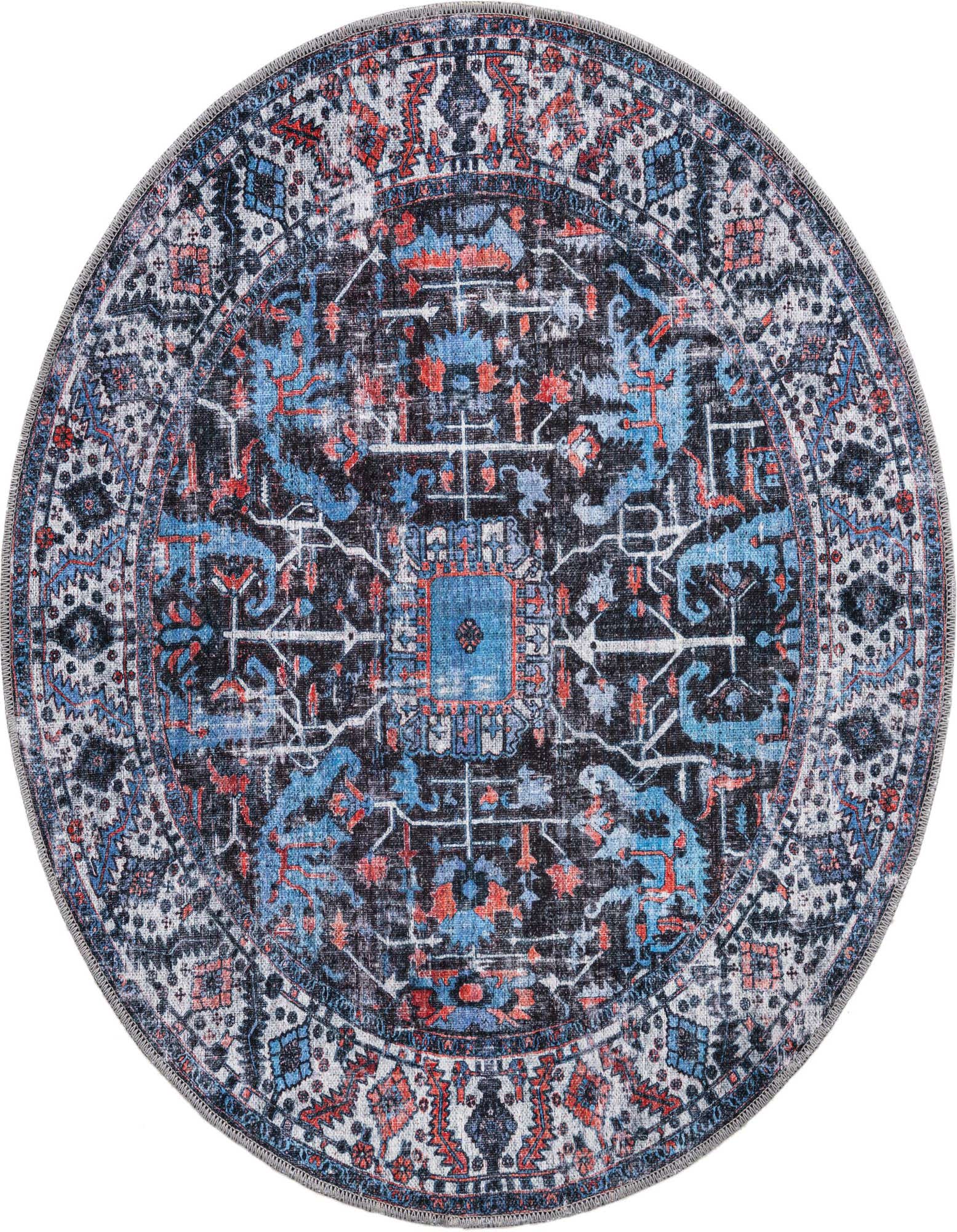 A 4' round black, blue, and orange traditional tribal rug with a distressed vintage look, featuring intricate floral and geometric patterns.