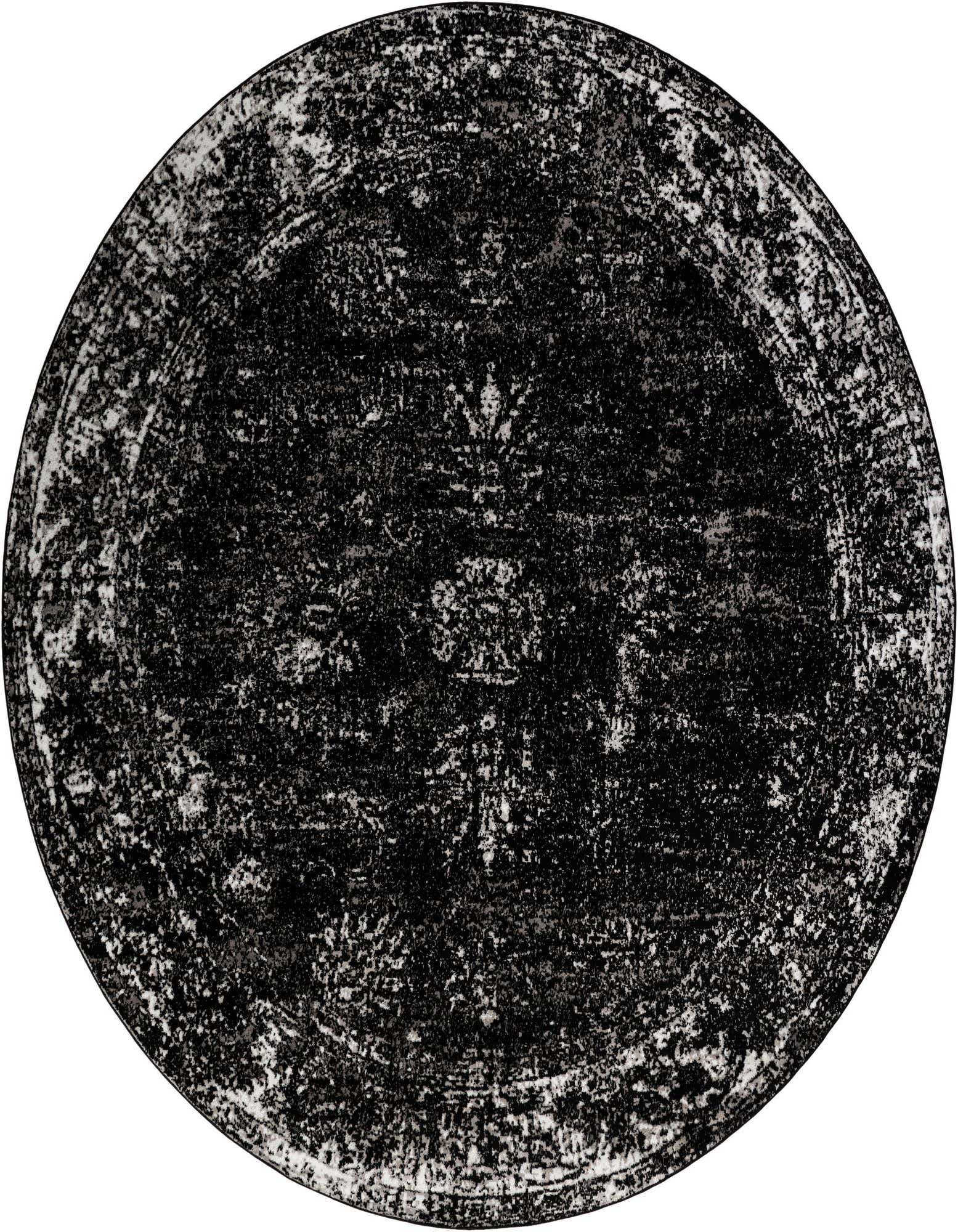 A large 13' round black and white vintage-style rug with a distressed traditional medallion pattern, ideal for an indoor living space.