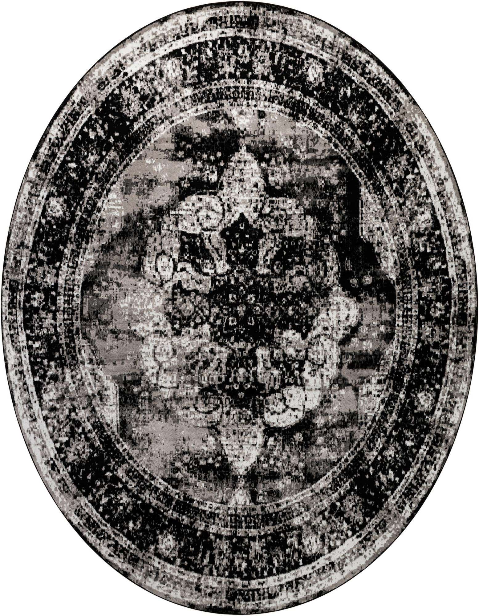 A 13' round black and grey vintage traditional rug with an ornate medallion pattern and distressed finish.