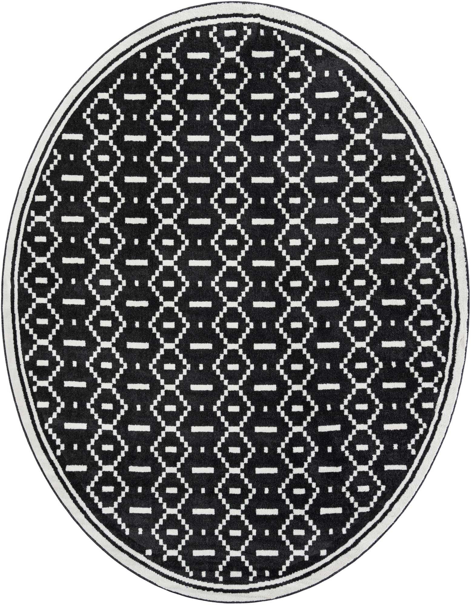 A 10-foot round black rug with a modern geometric pattern of white diamonds and dashes, featuring a thin white border.