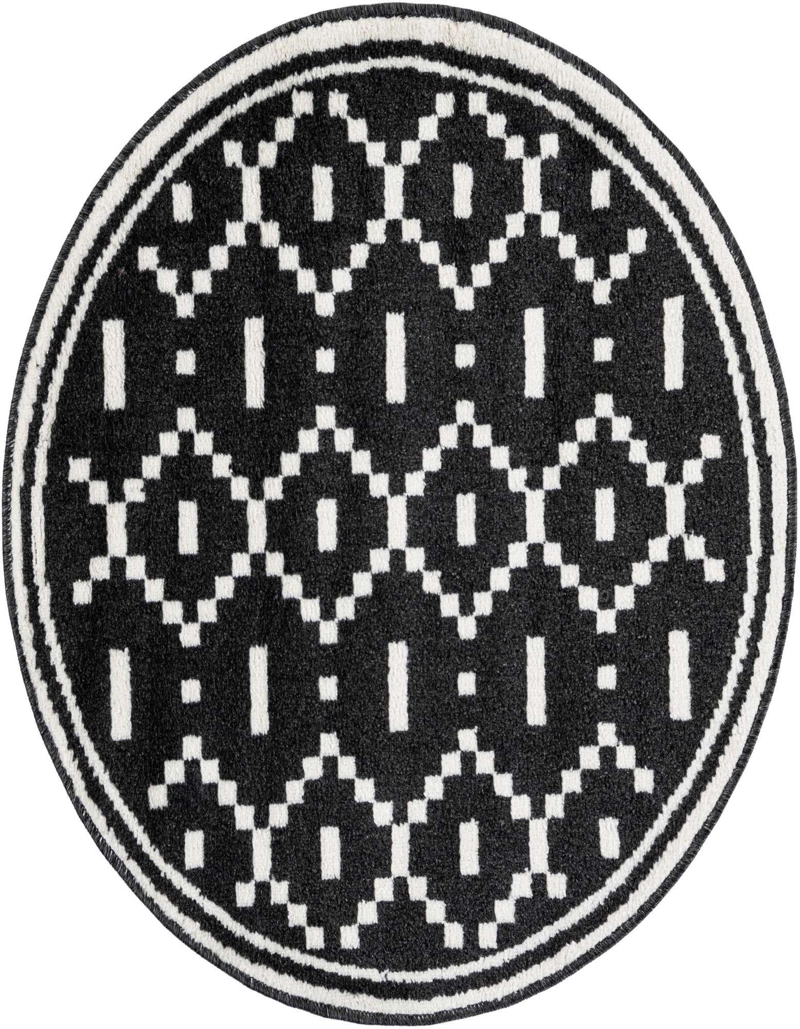 A 3' 0 x 3' 0 round black rug with a modern white geometric pattern and a striped border.