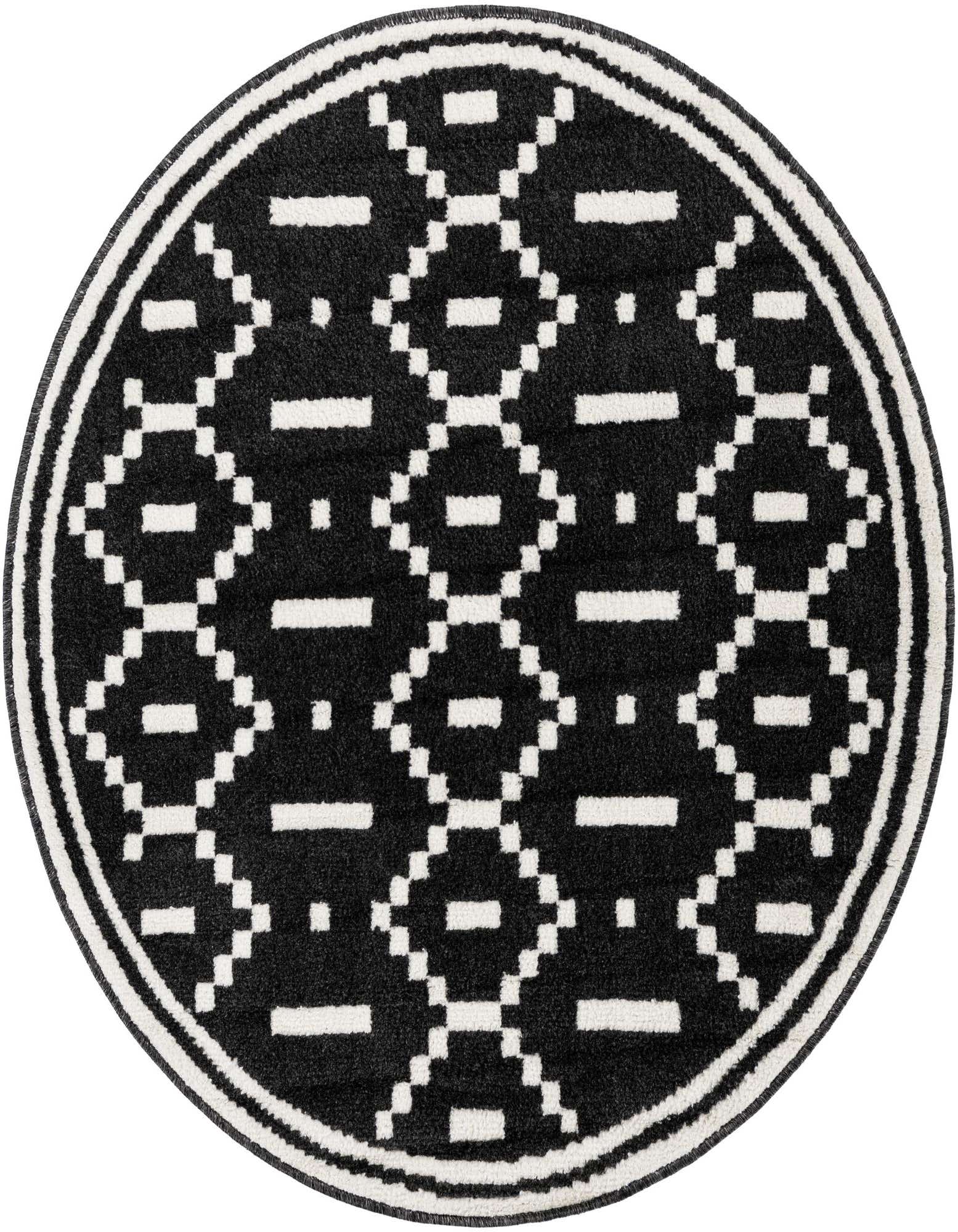A 4' round black rug with a bold white geometric pattern of diamonds and horizontal bars, framed by a white border.