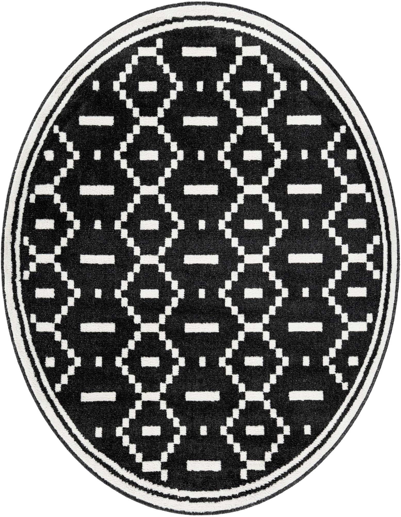 A 5' round black modern rug with a white geometric diamond and dash pattern, framed by a thin white border.