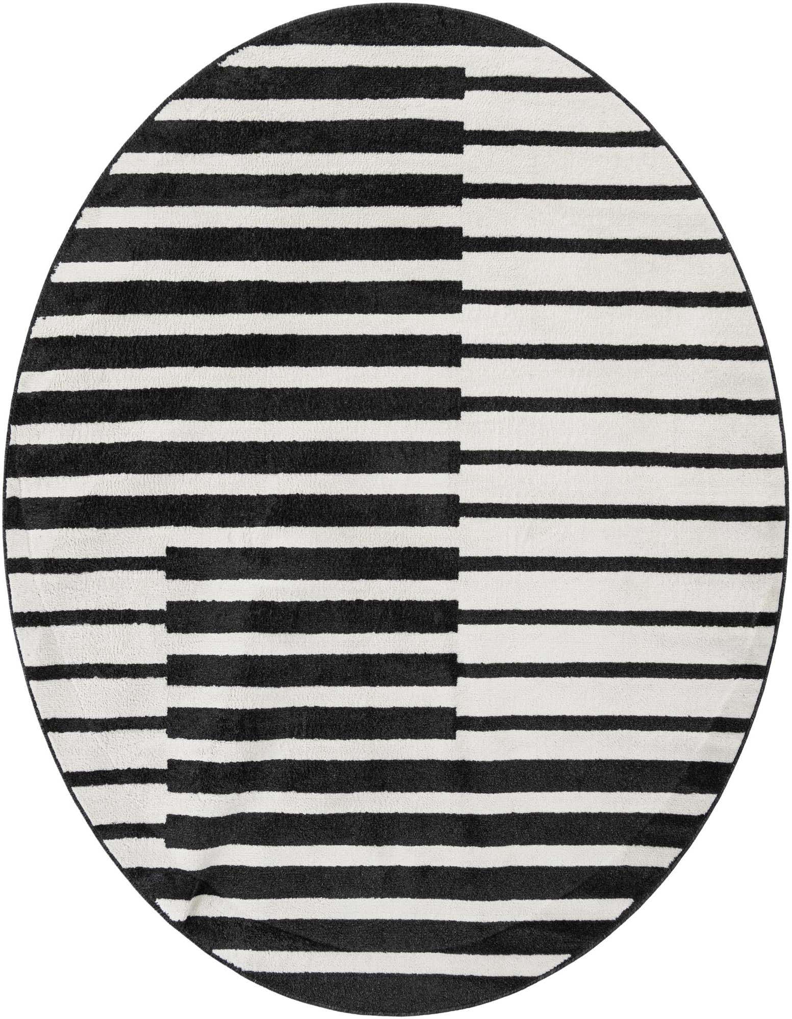 A 7' 10" round black and white striped rug with a modern, geometric pattern, suitable for various indoor spaces.