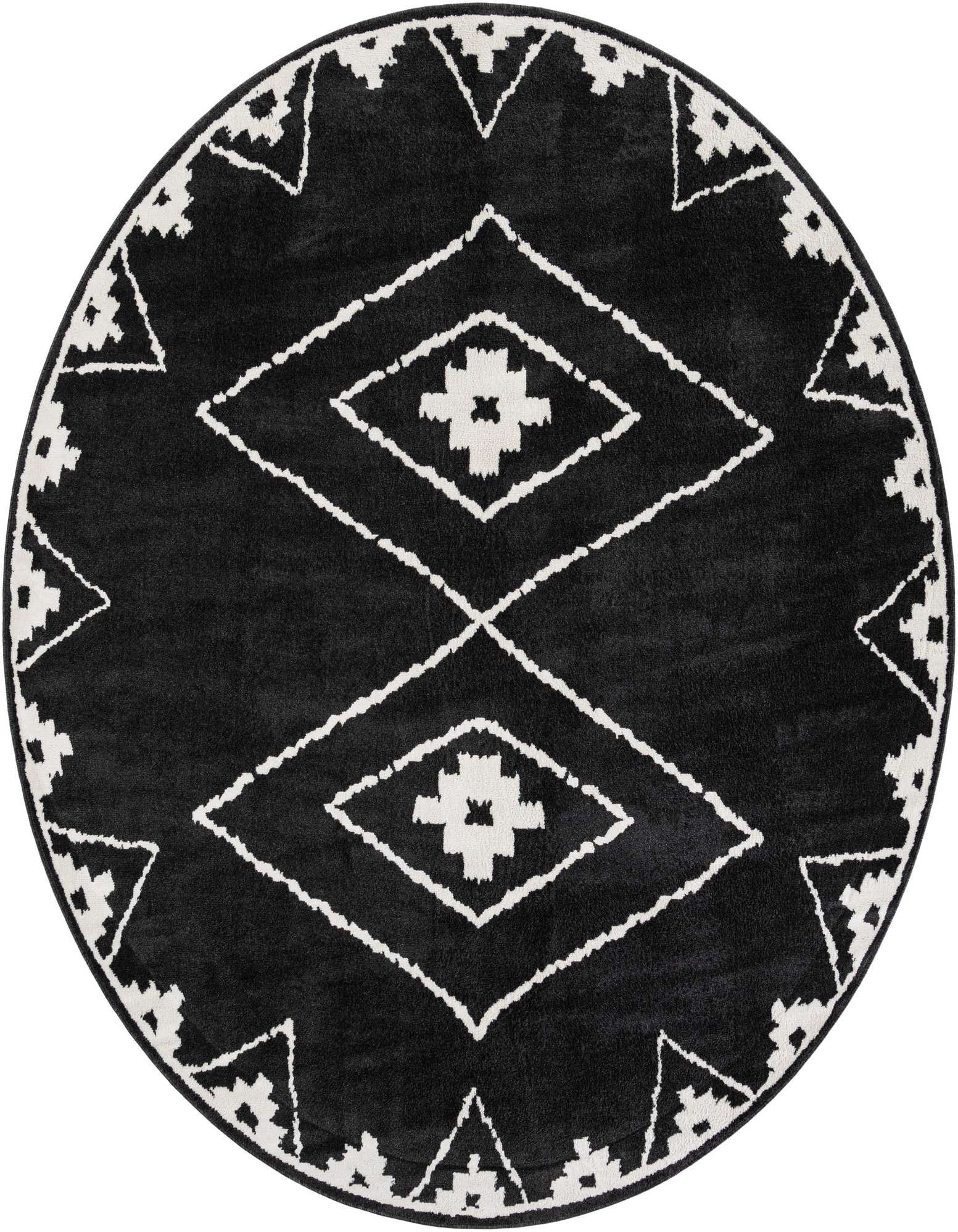 A 10' round black modern rug with a bold white geometric pattern, featuring diamonds and triangles.