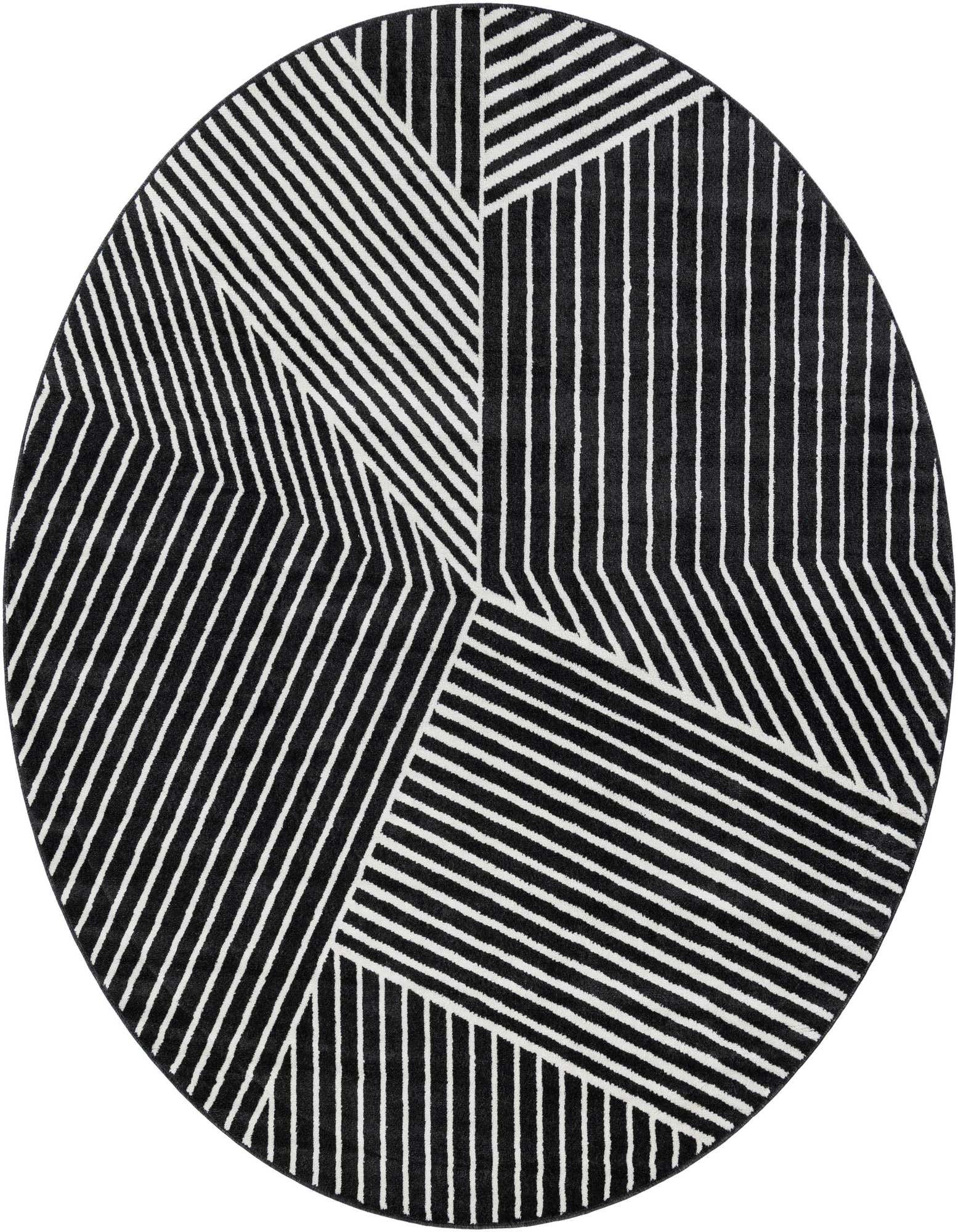 A 10' round black and white modern rug with a bold geometric striped pattern, suitable for a living room.