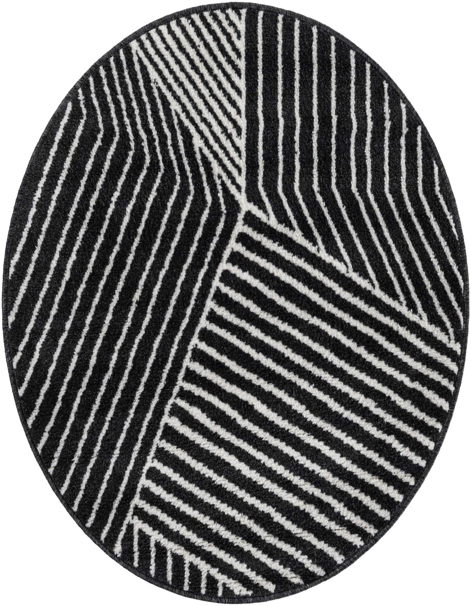 A round 3' 0 x 3' 0 black and white modern rug with bold, intersecting striped patterns.