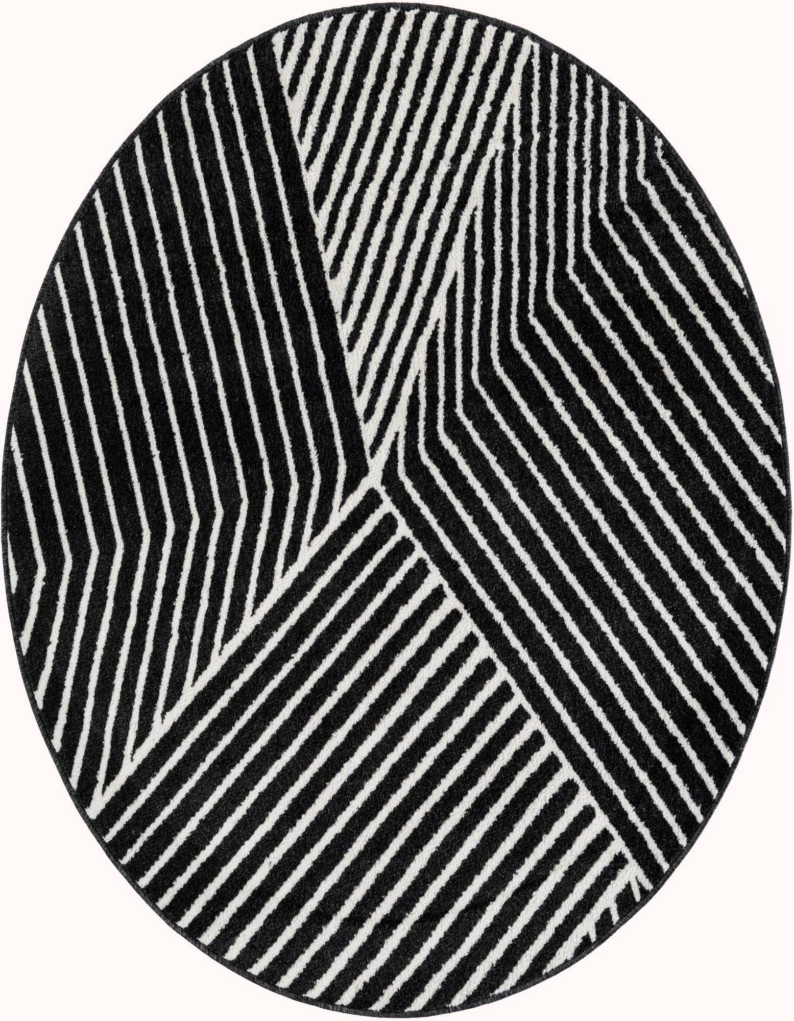 A 5' 0 x 5' 0 round black and white modern rug with bold geometric stripes.