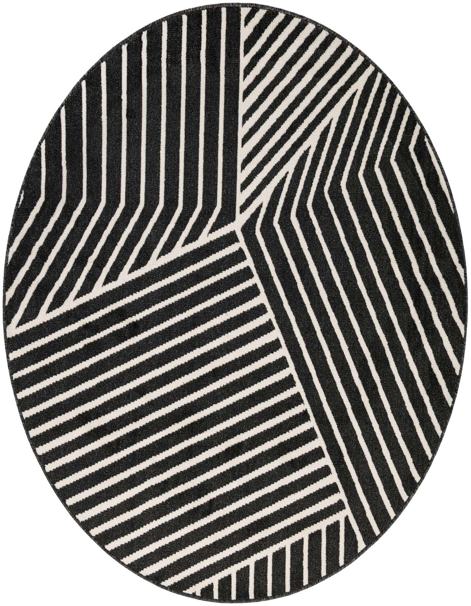 A round black and white modern rug featuring a bold geometric stripe pattern, ideal for a contemporary living space.