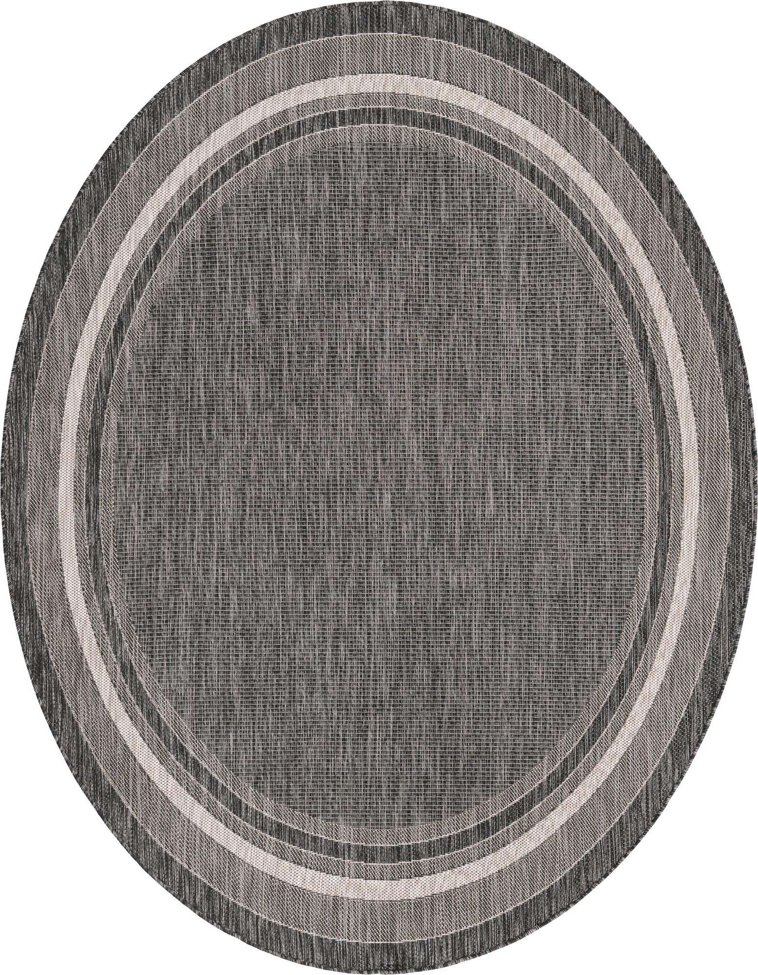 A 7' 10 round black indoor/outdoor rug with a subtle textured pattern and concentric light gray and dark gray border stripes.