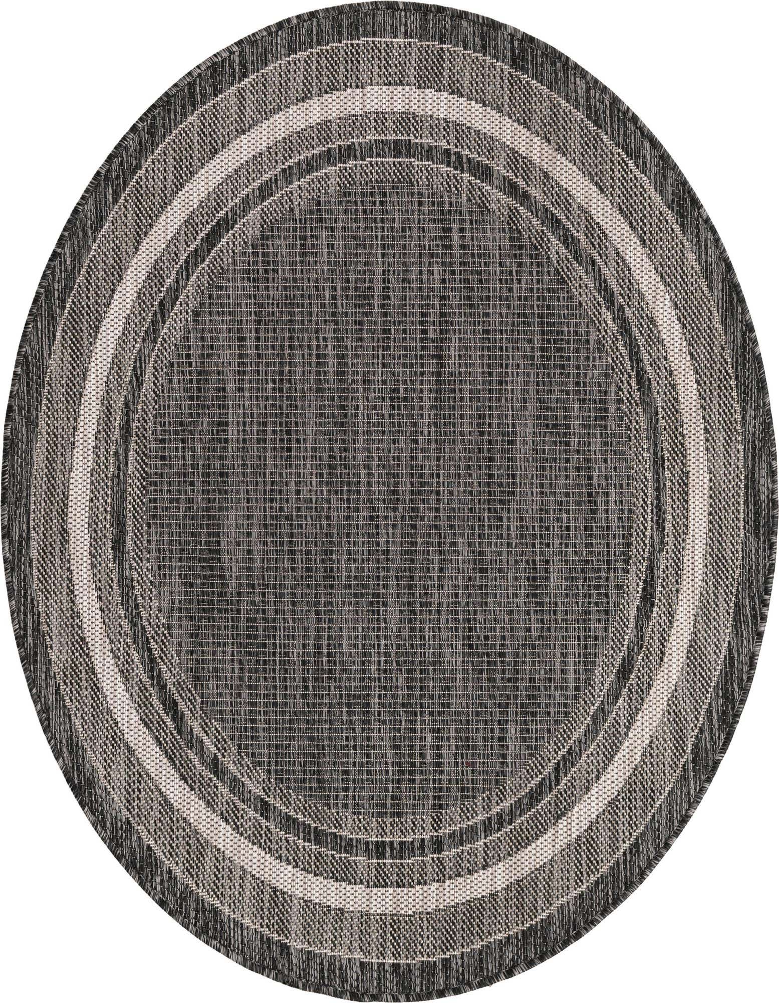 A 4' round black and gray outdoor rug with concentric striped borders, featuring a flatweave texture.