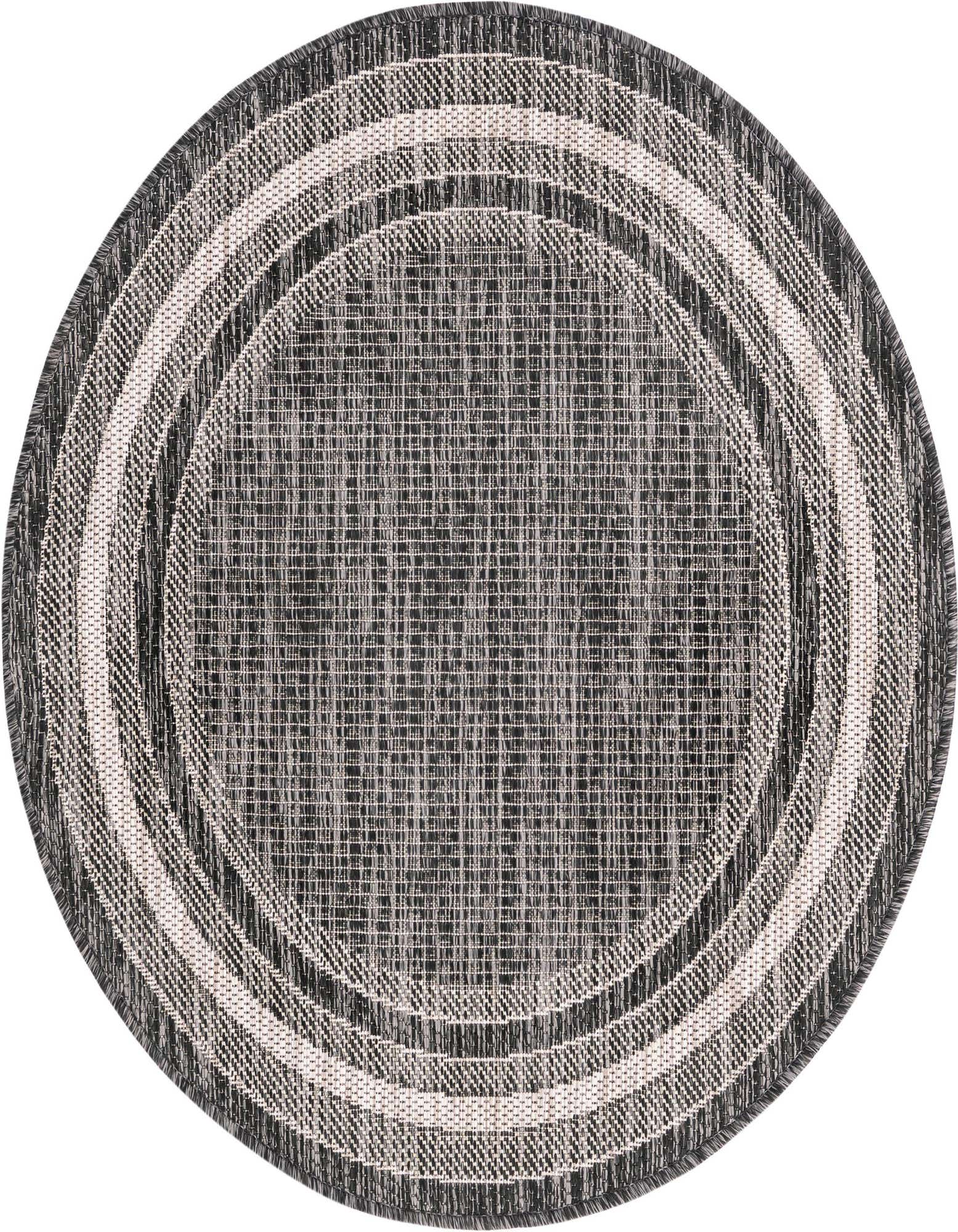A 3' round black and white flatweave rug with concentric striped borders, suitable for indoor or outdoor use.