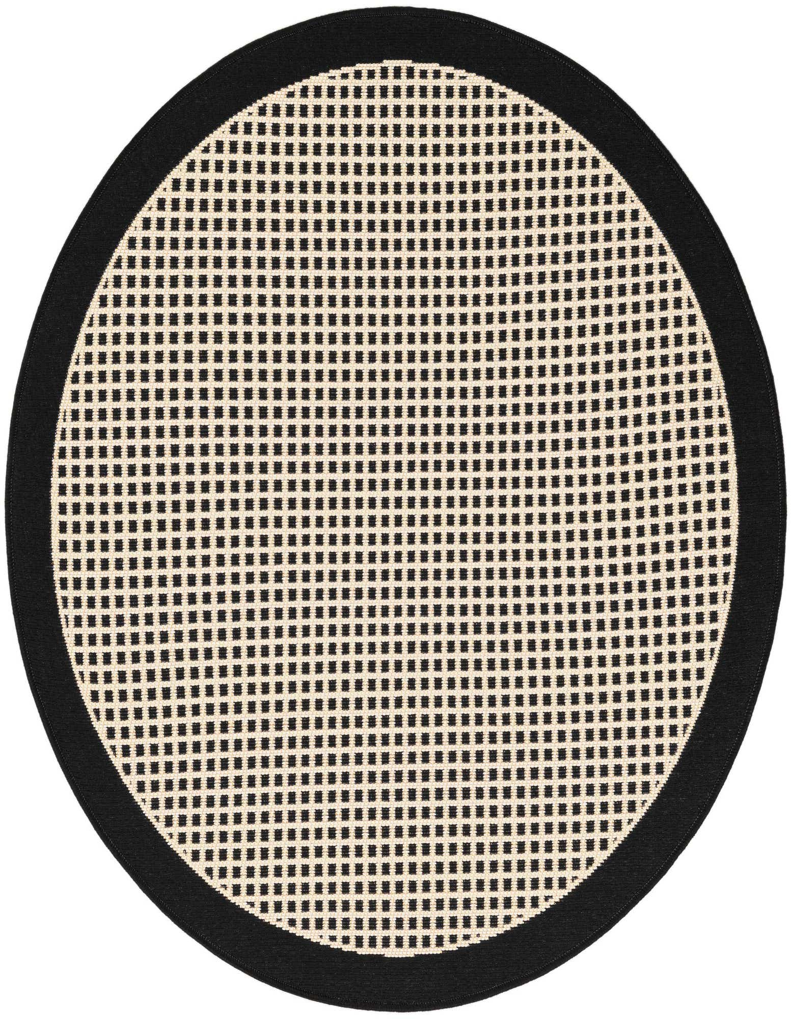 A round 3' black and cream modern outdoor rug with a checkerboard pattern and solid black border.