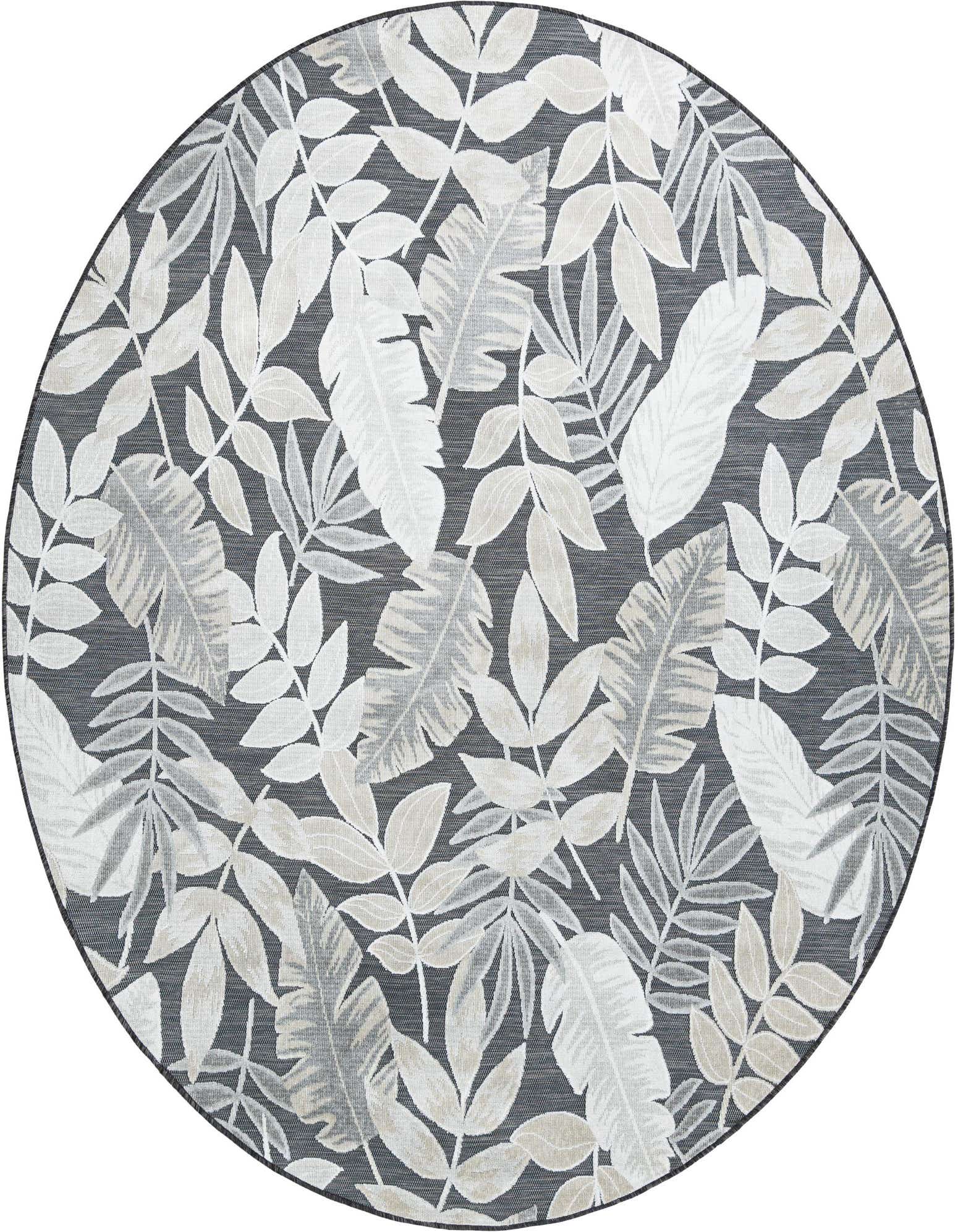 A round 8'2" black indoor/outdoor rug with a tropical leaf pattern in shades of white and beige.
