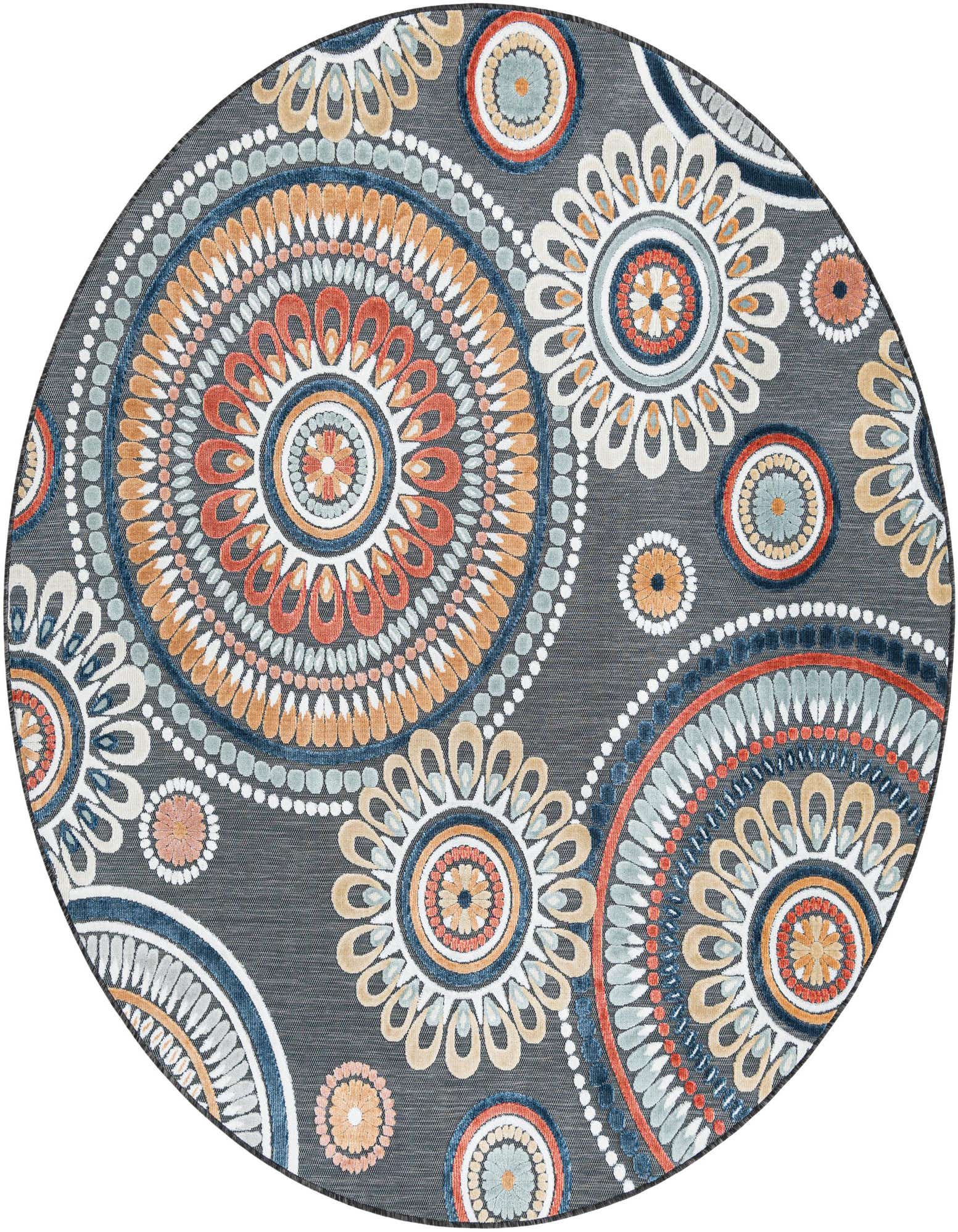 A round 8' 2 x 8' 2 black modern rug with a vibrant abstract floral and mandala pattern in orange, blue, and white.